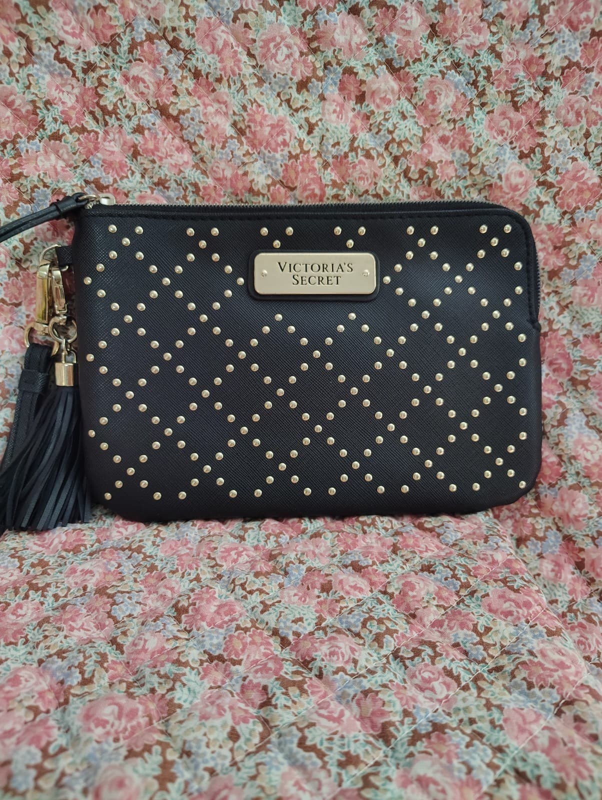 NWOT Black Faux Leather Quilted Studded Victoria's Secret Wristlet