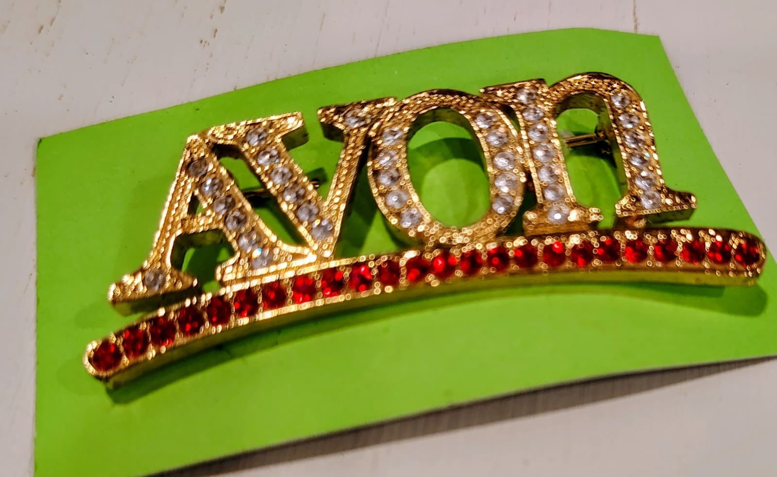 1990s Vintage Brooch Pin, Signed Avon, Red & White Rhinestones, Gold Tone - Thumbnail 3