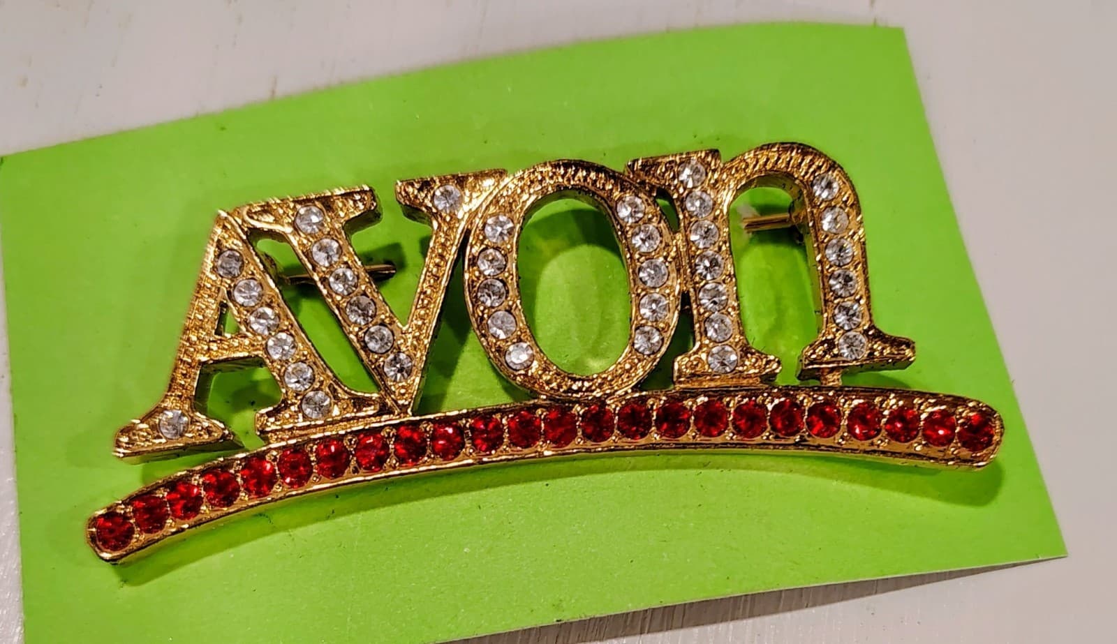 1990s Vintage Brooch Pin, Signed Avon, Red & White Rhinestones, Gold Tone - Thumbnail 4