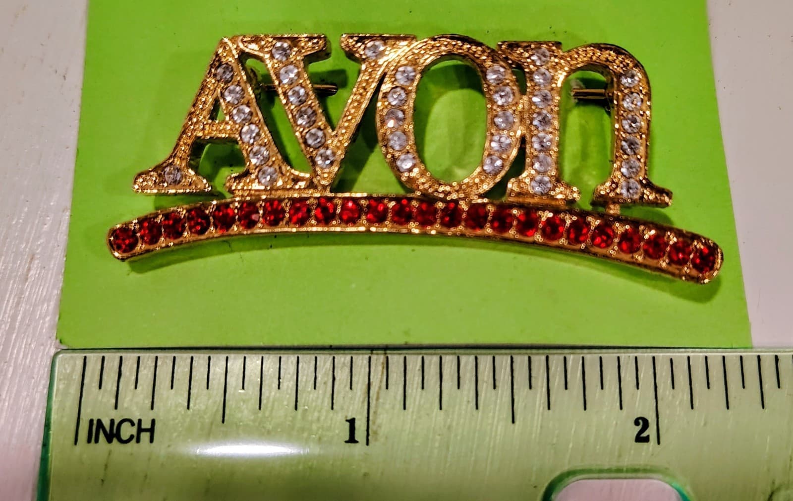 1990s Vintage Brooch Pin, Signed Avon, Red & White Rhinestones, Gold Tone - Thumbnail 5