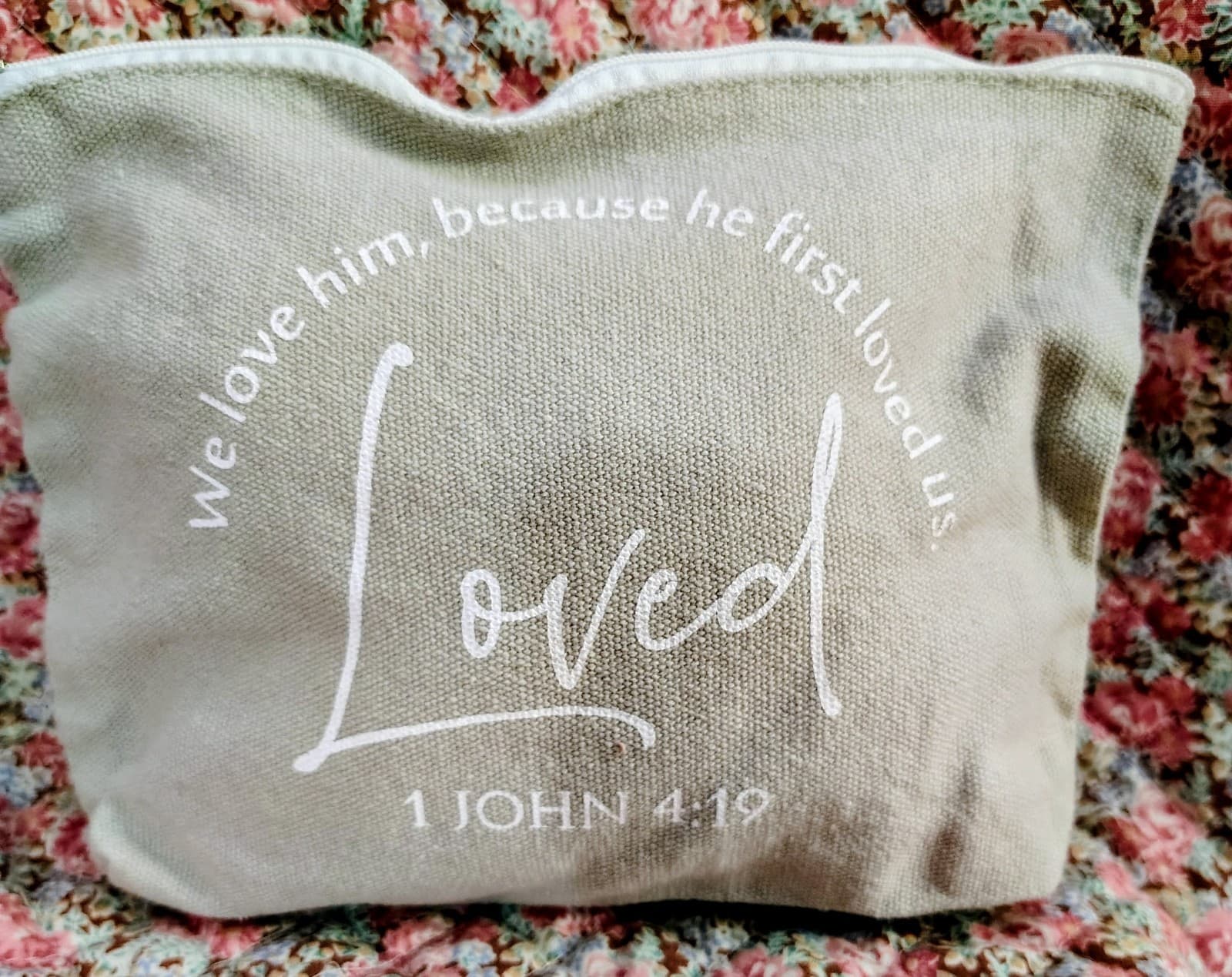 canvas Makeup bag, white script, Bible verse