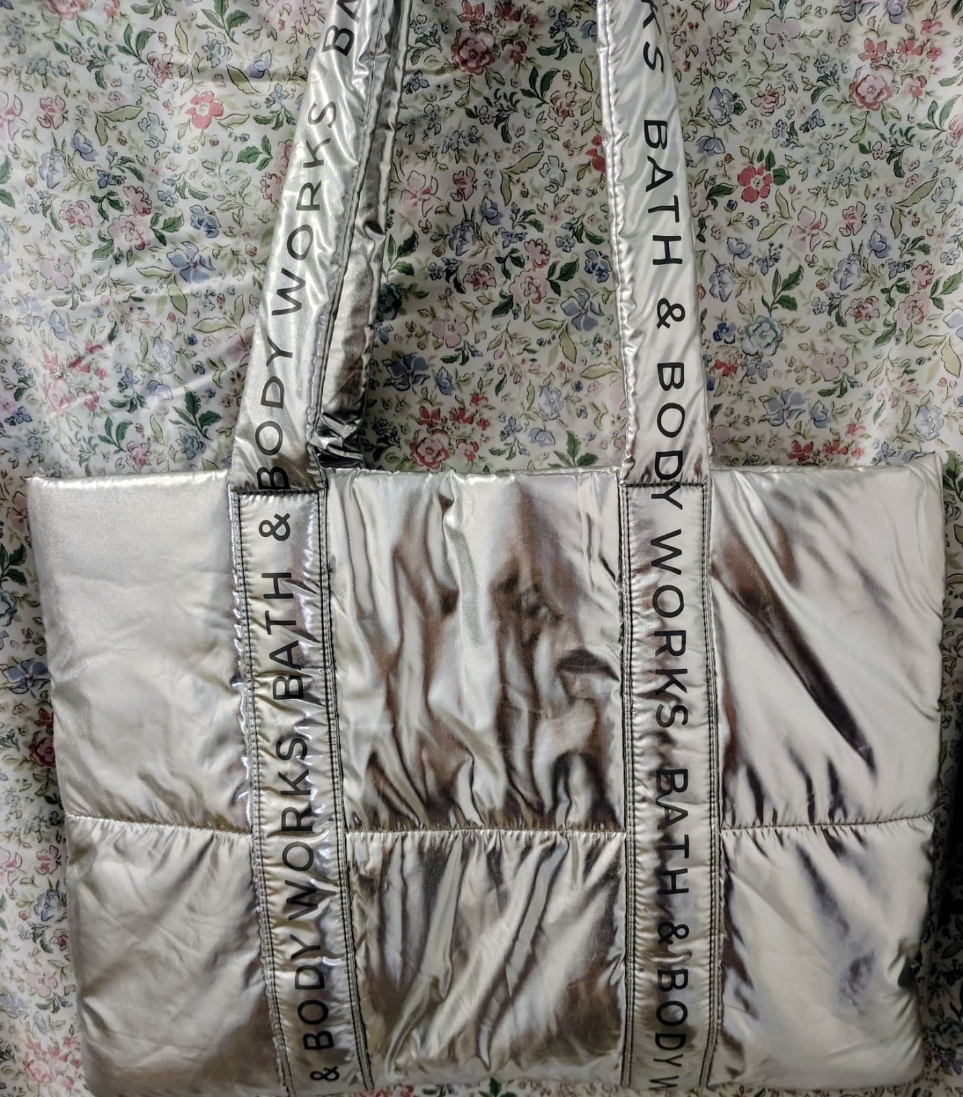 Bath And Body Works Puffy Tote Silver Metallic Bag New Logo NWOT