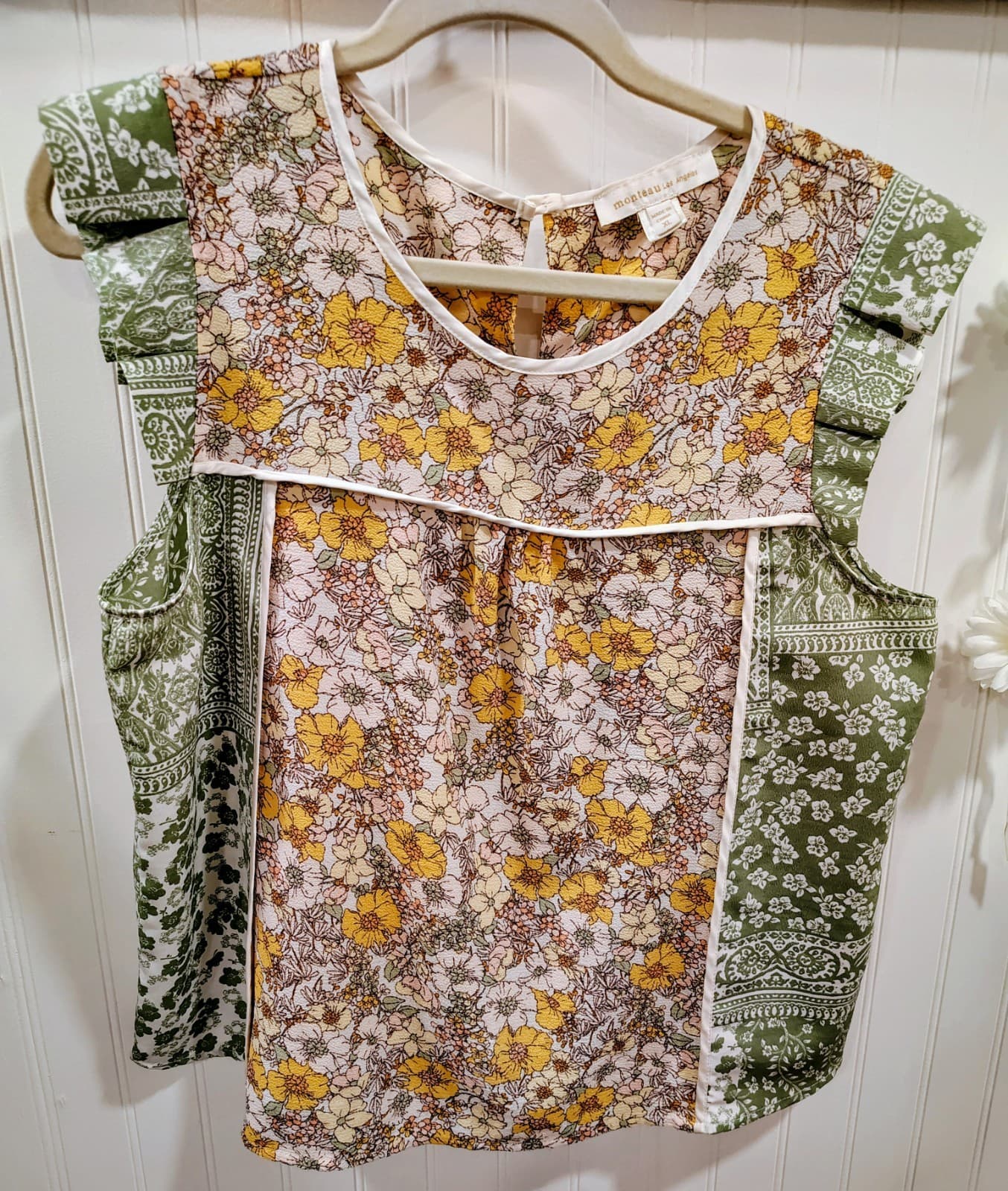 Monteau Los Angeles Baby Doll Ruffled Patchwork Blouse, Women's XL EUC