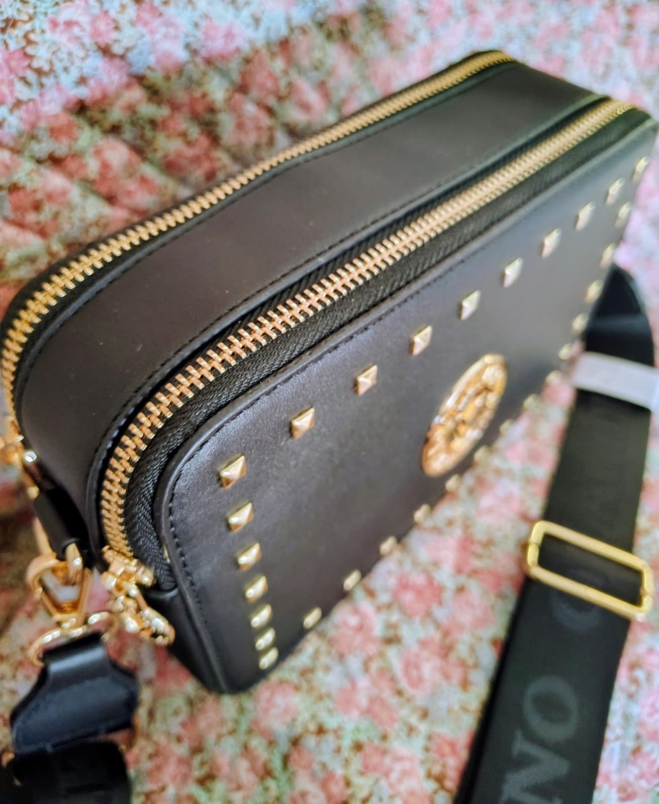 NWOT Valentino Orlandi Black Crossbody Shoulder Bag Faux Leather Gold Studded - Thumbnail 6