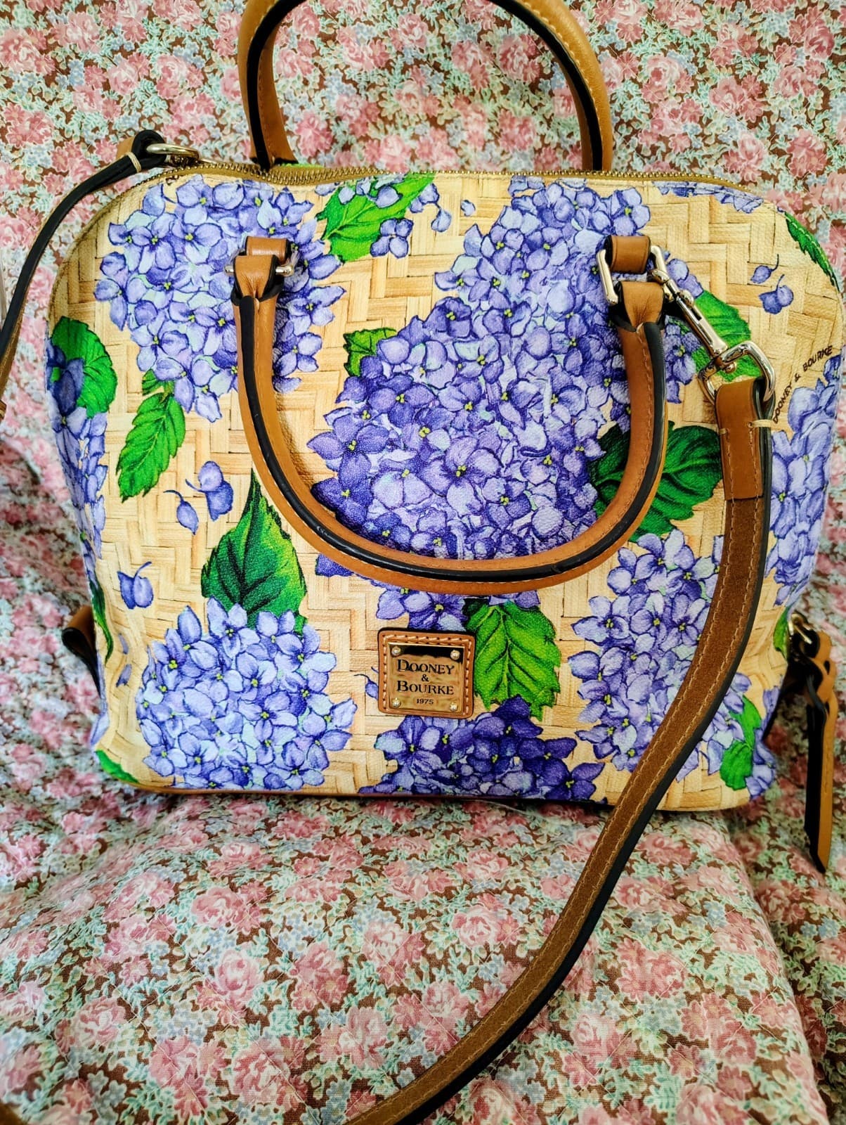 NWOT Dooney & Bourke Purple Hydrangea Basketweave Domed Zip Satchel MSRP 348