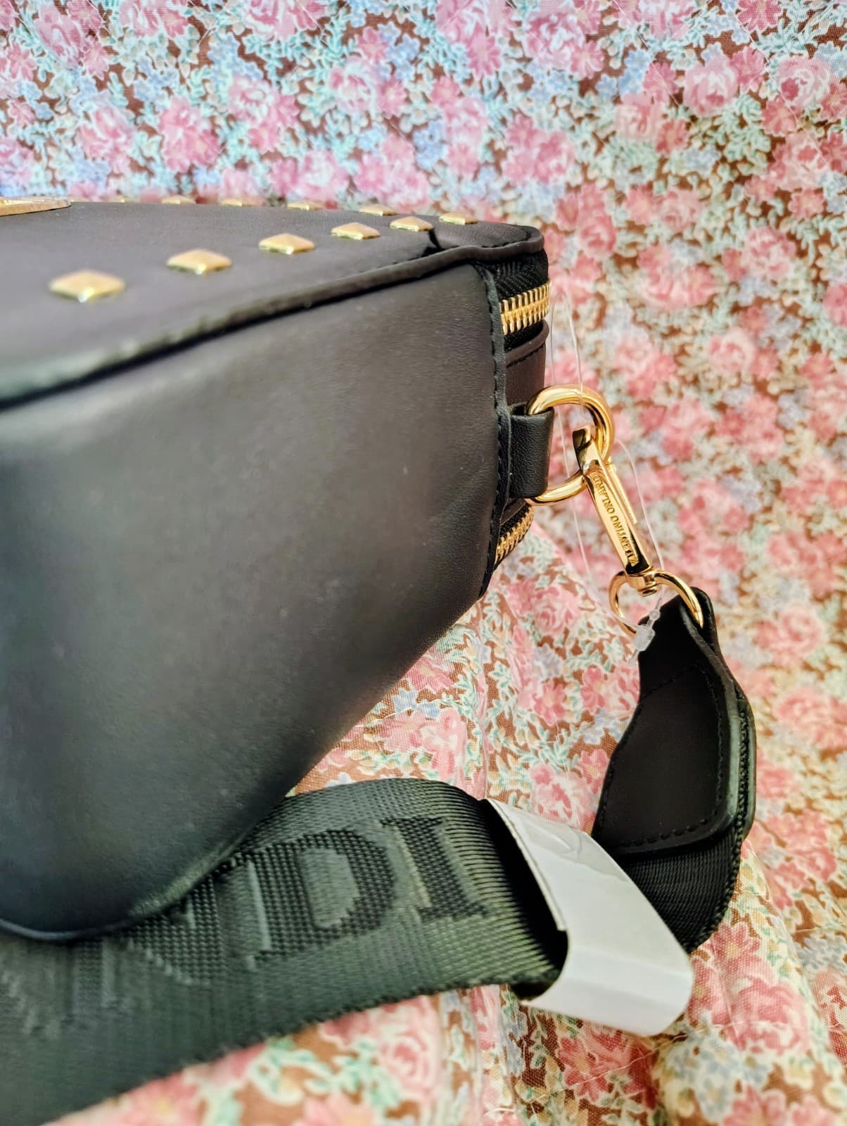 NWOT Valentino Orlandi Black Crossbody Shoulder Bag Faux Leather Gold Studded - Thumbnail 4