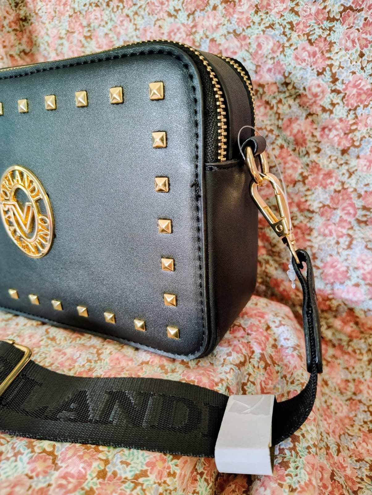 NWOT Valentino Orlandi Black Crossbody Shoulder Bag Faux Leather Gold Studded - Thumbnail 2