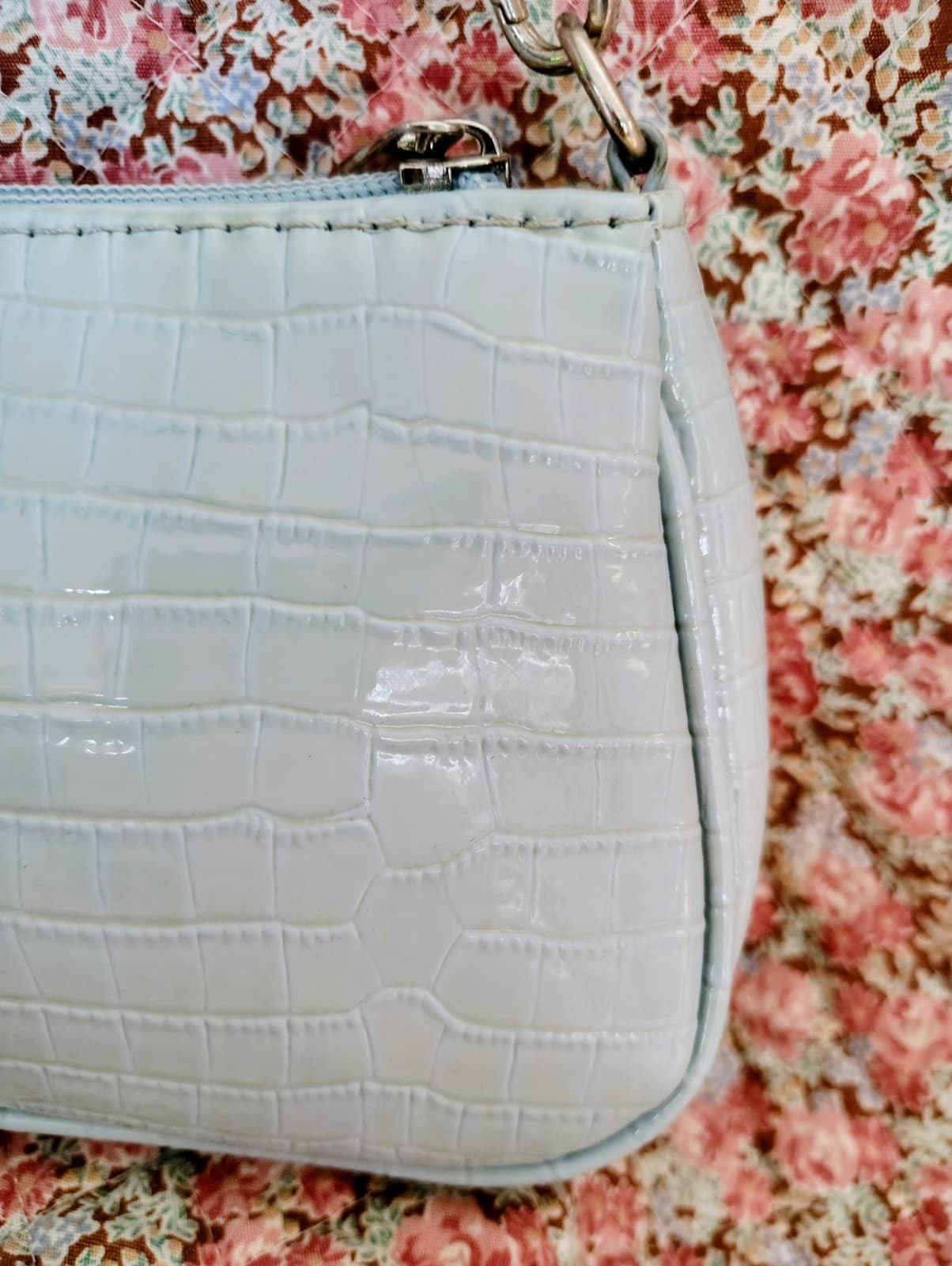 Light Blue Crocodile Faux Leather Small Baguette Handbag - Thumbnail 3