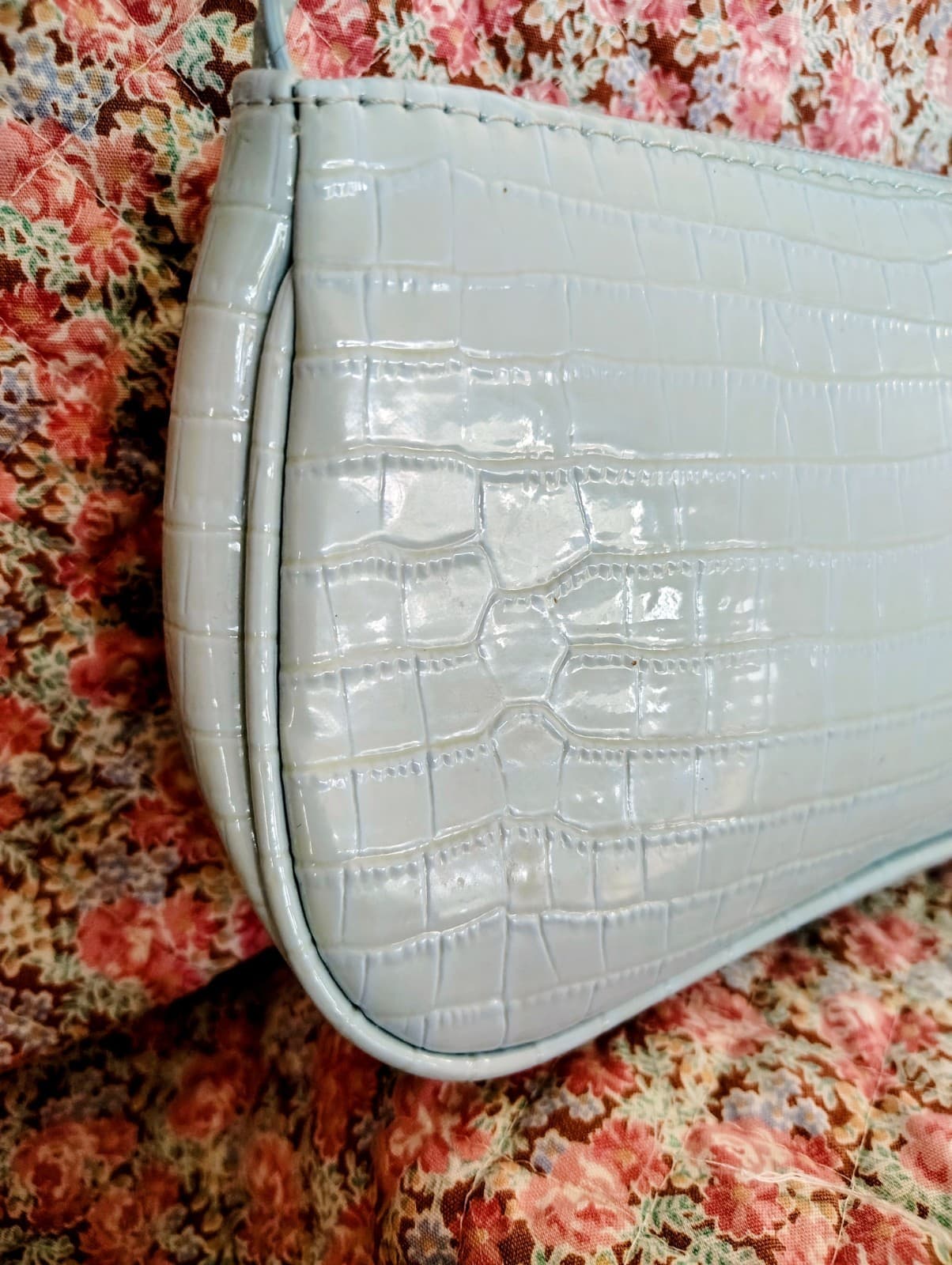 Light Blue Crocodile Faux Leather Small Baguette Handbag - Thumbnail 6