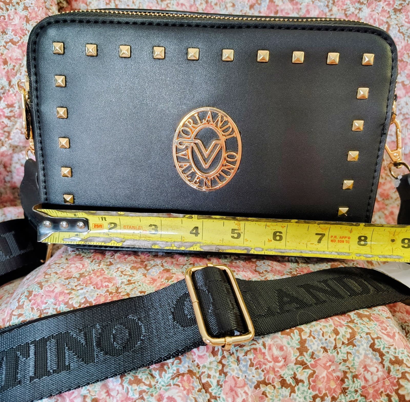 NWOT Valentino Orlandi Black Crossbody Shoulder Bag Faux Leather Gold Studded - Thumbnail 8