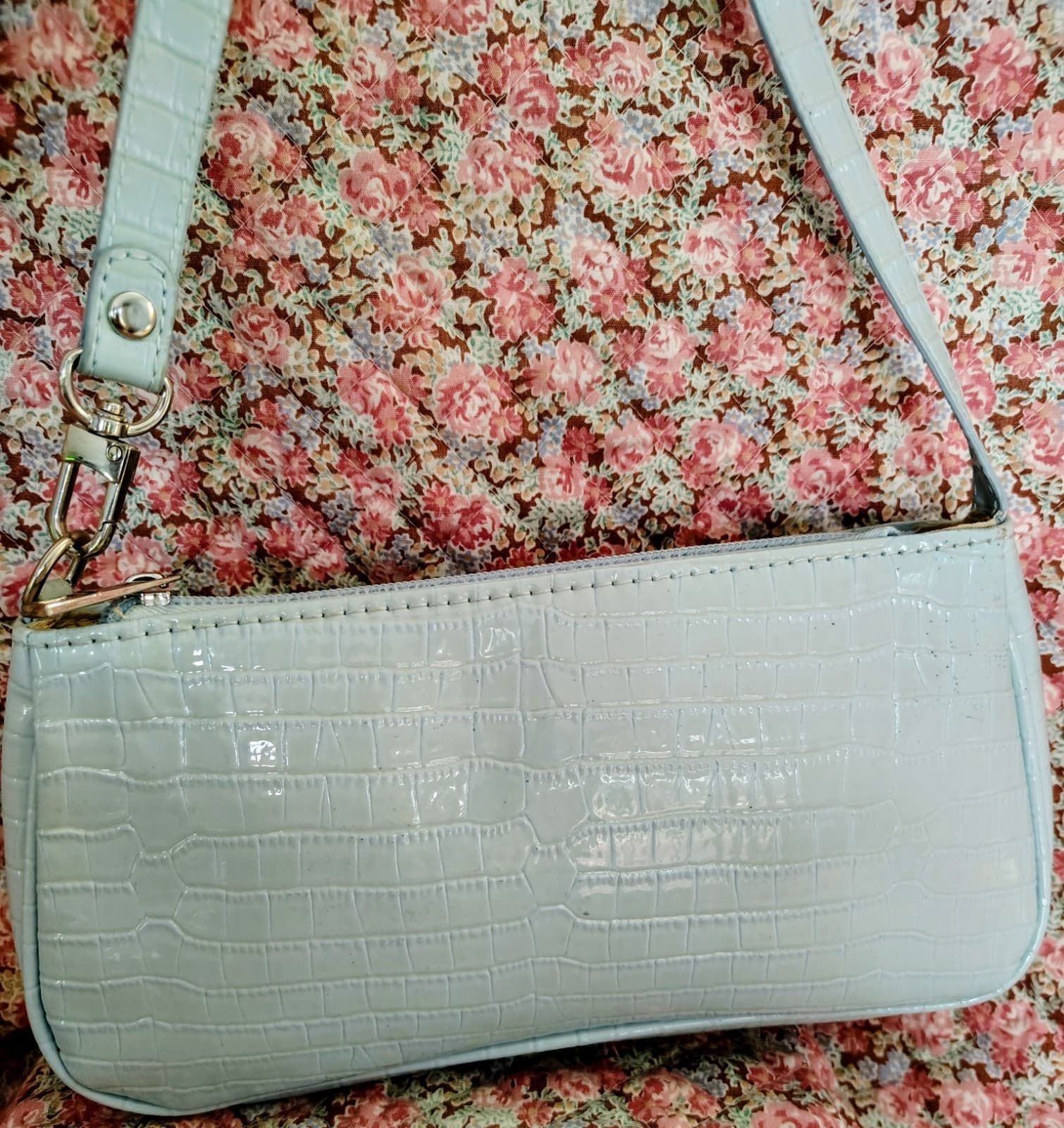 Light Blue Crocodile Faux Leather Small Baguette Handbag - Thumbnail 5