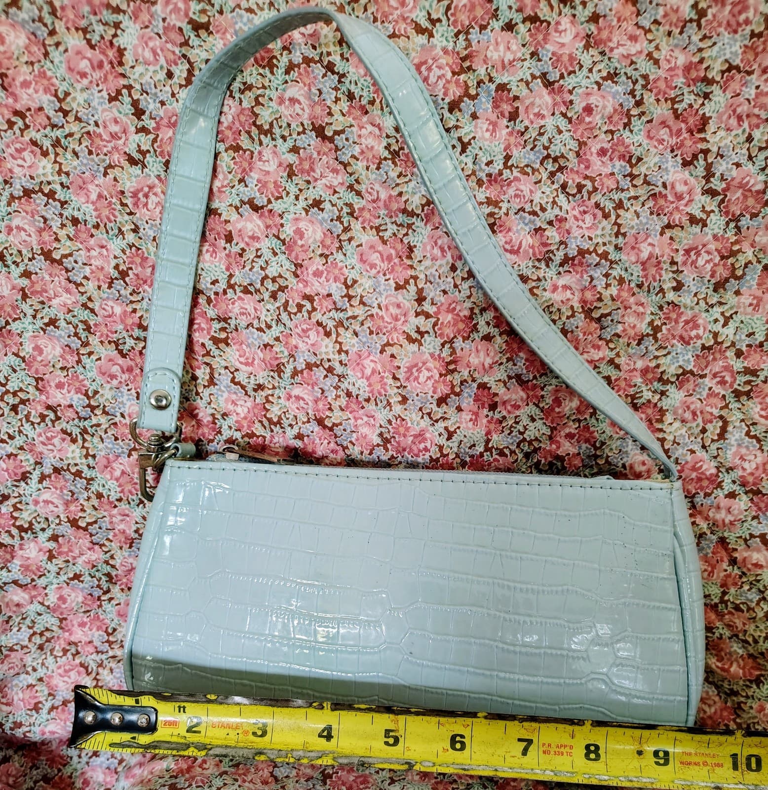 Light Blue Crocodile Faux Leather Small Baguette Handbag - Thumbnail 8