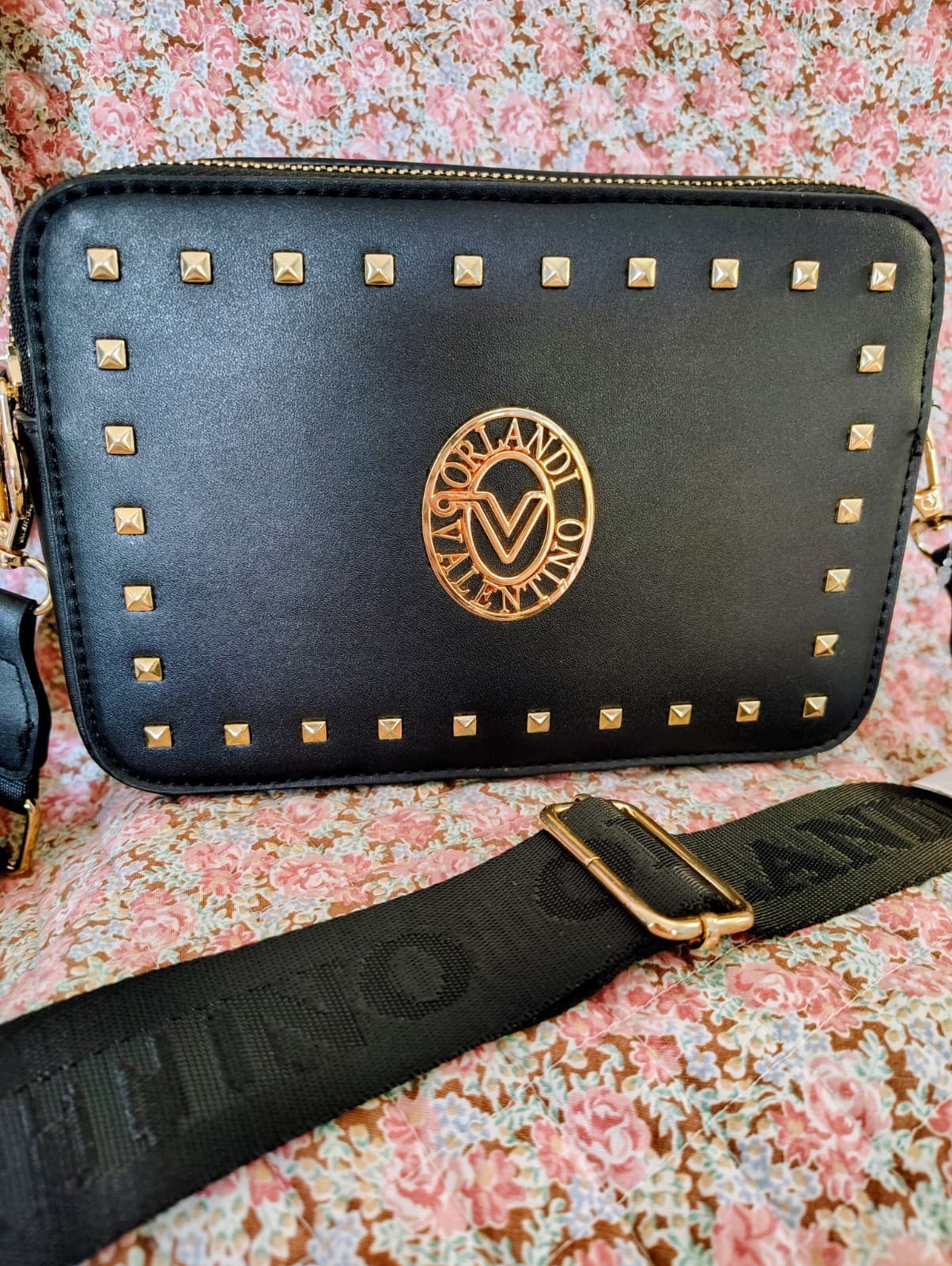 NWOT Valentino Orlandi Black Crossbody Shoulder Bag Faux Leather Gold Studded