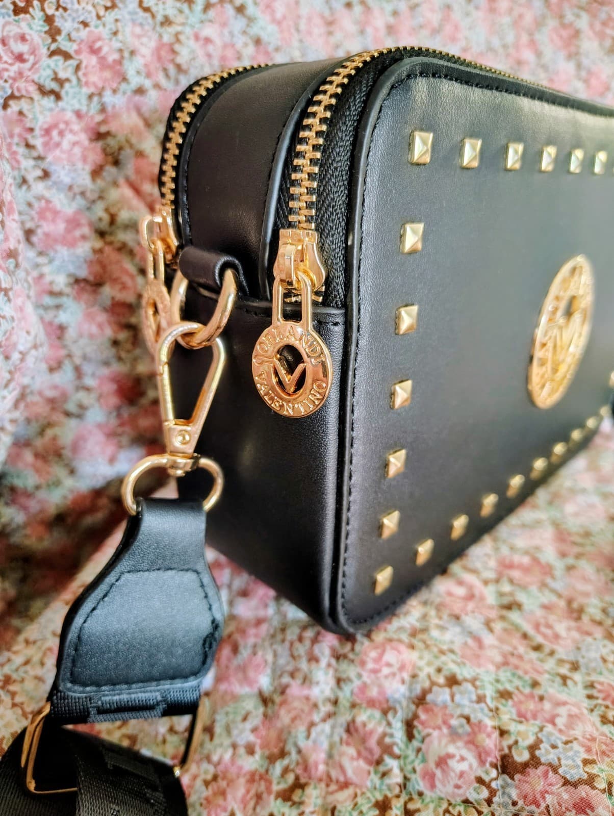 NWOT Valentino Orlandi Black Crossbody Shoulder Bag Faux Leather Gold Studded - Thumbnail 3