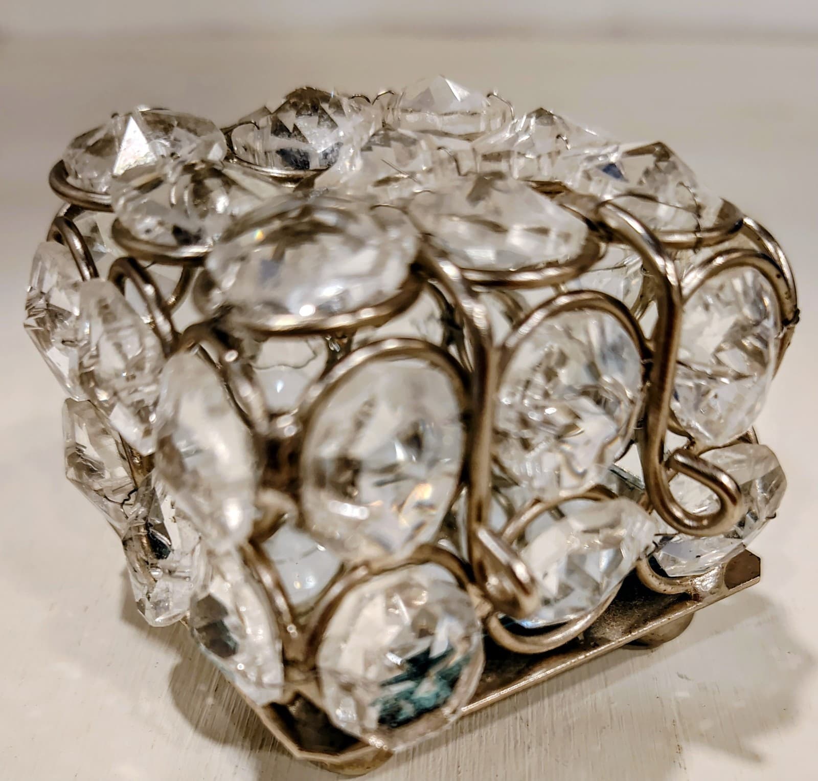 Small Square Silver Metal Trinket Box With Crystal Rhinestones, 2.5" Square EUC