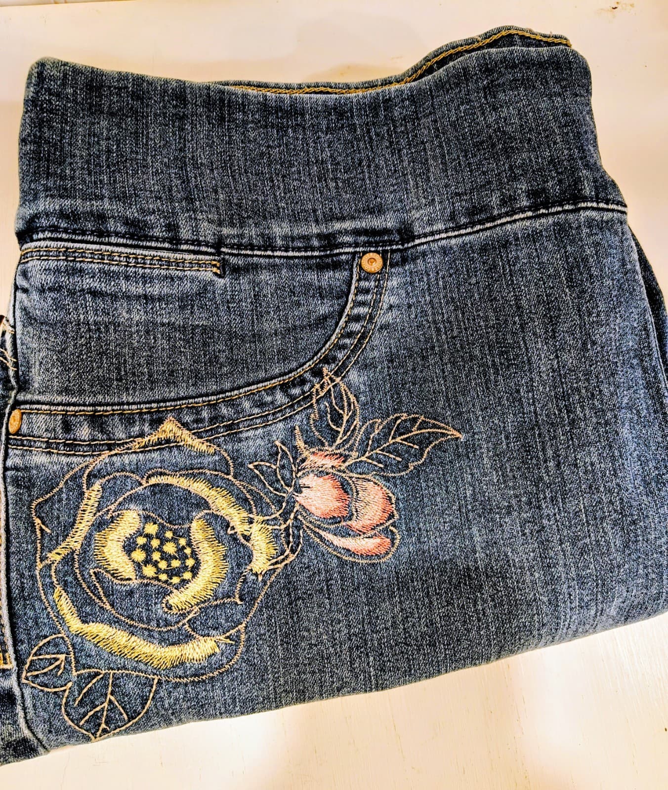 Style & Co Floral Blue Denim Jeans Leggings, Floral Emroidery, Women's XL