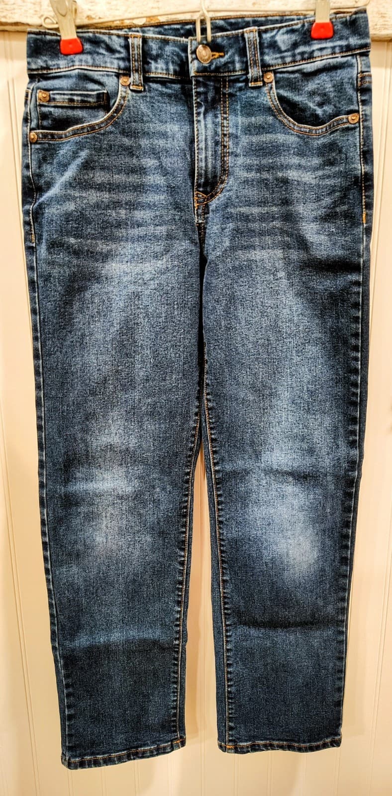 Falls Creek Straight Jeans Boys Size 14 Adjustable Waist Stretch Blue Denim EUC