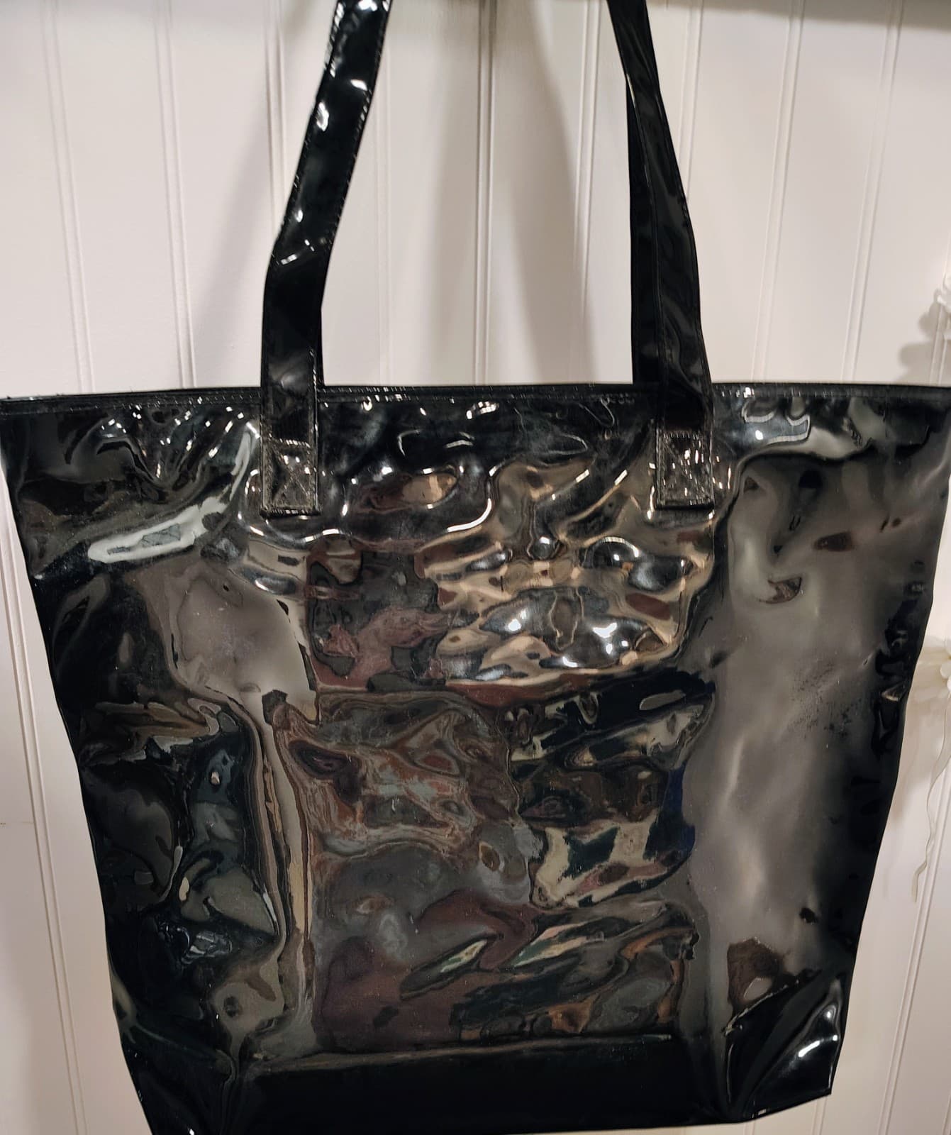 Macy's New York Iconic Black Shiny Vinyl Large Shopper Tote - Thumbnail 3