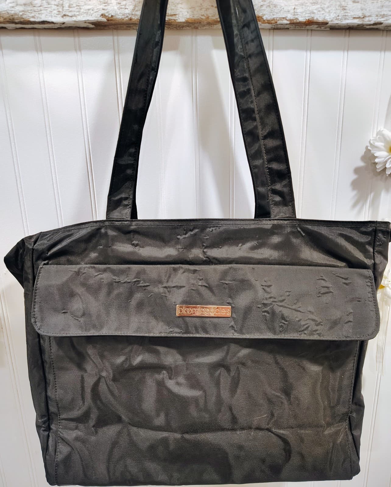 Bloomingdales Large Black Nylon Tote Bag, Gold Plaque