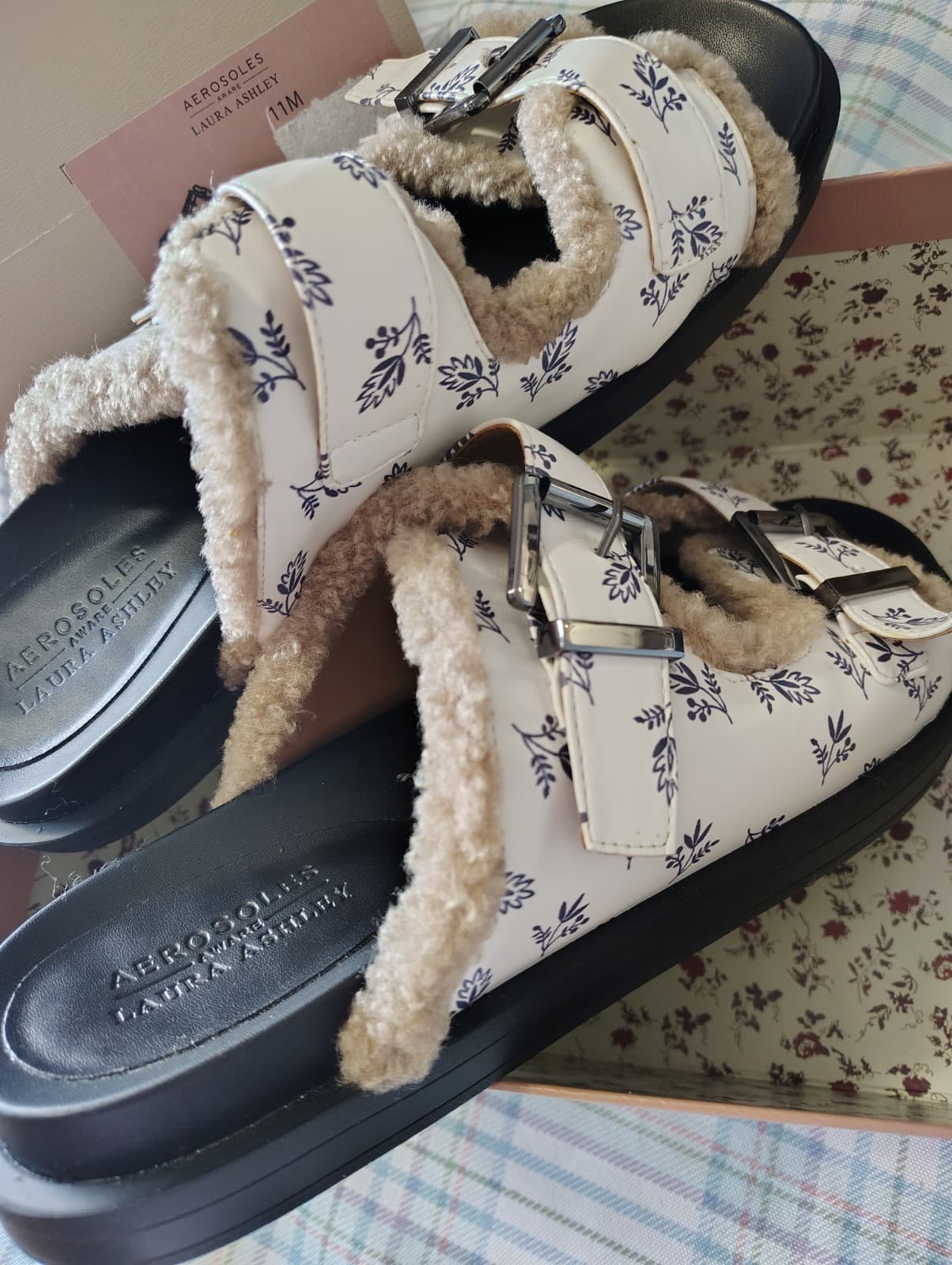 NEW Aerosoles Laura Ashley Olivia Women 11M Faux Fur Adjustable Slide Sandals - Thumbnail 9