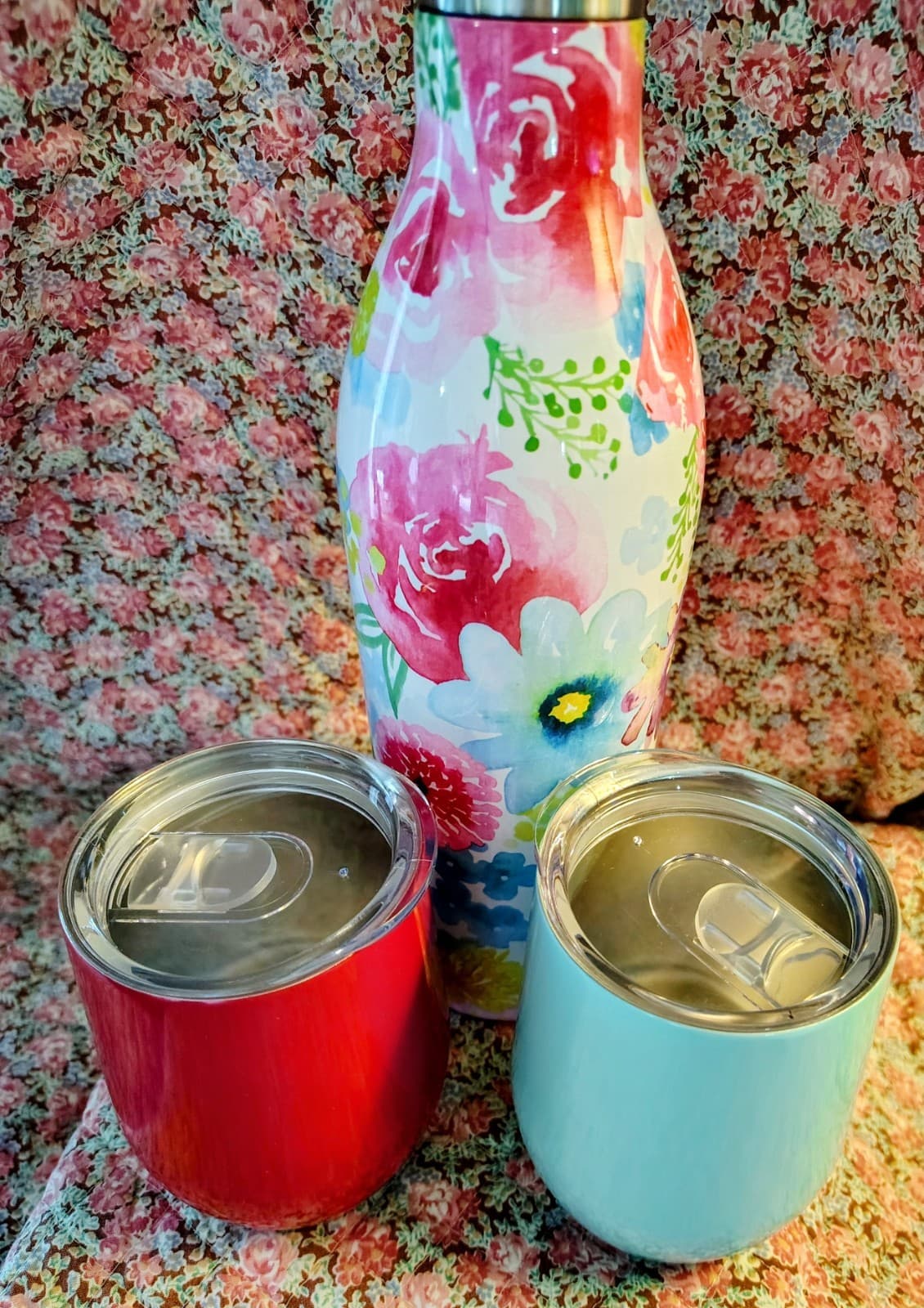 NIB Cambridge stainless steel floral wine growler and tumbler 3-piece set - Thumbnail 6
