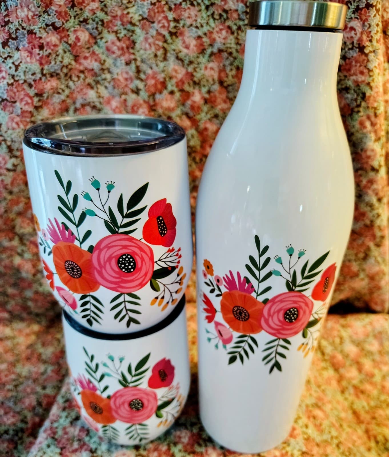 NIB Cambridge stainless steel floral wine growler and tumbler 3-piece set