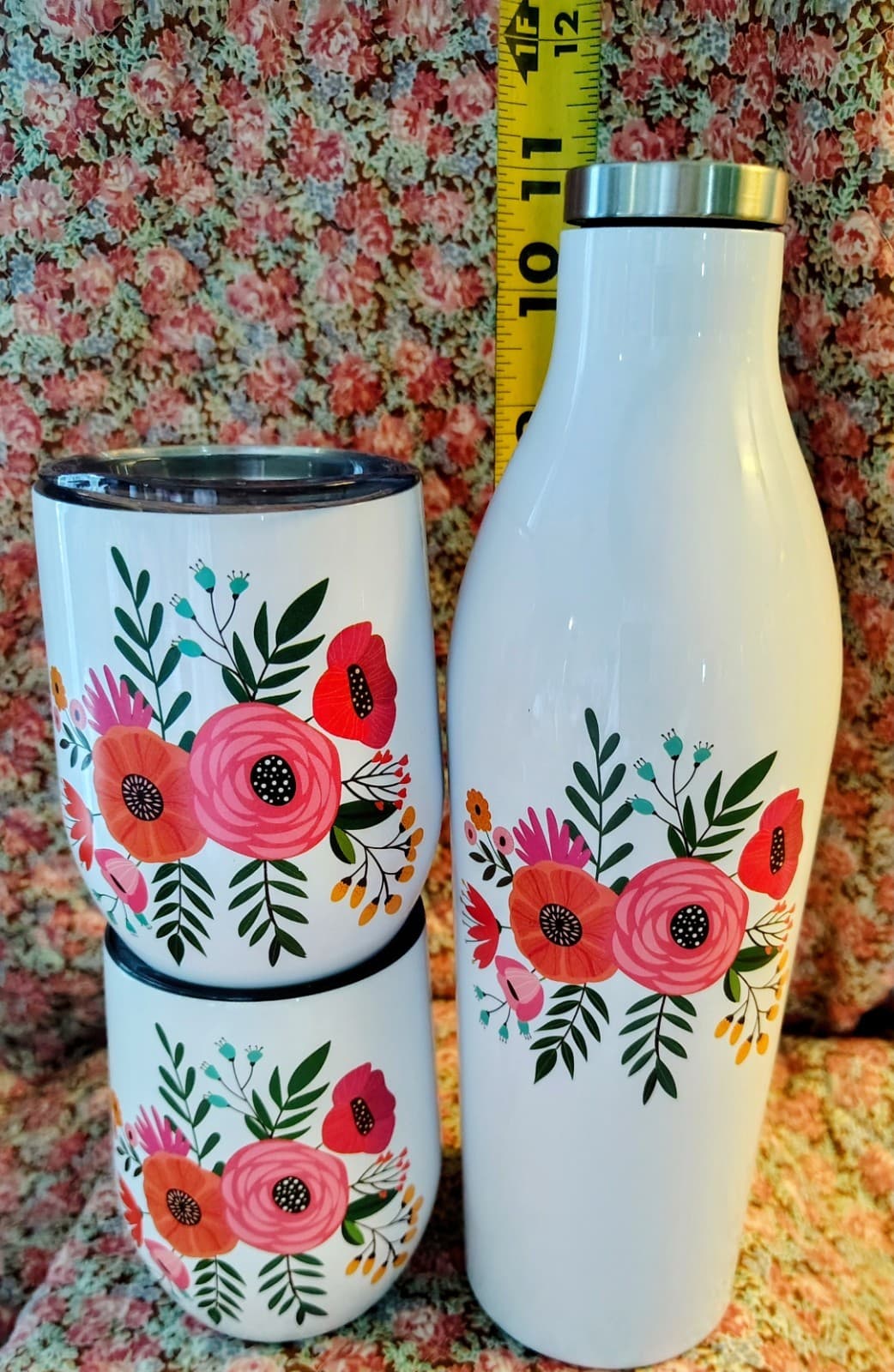 NIB Cambridge stainless steel floral wine growler and tumbler 3-piece set - Thumbnail 4