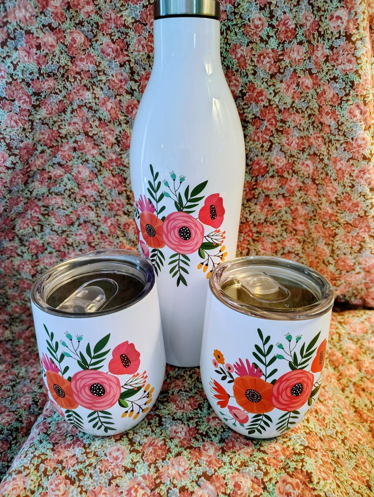 NIB Cambridge stainless steel floral wine growler and tumbler 3-piece set - Thumbnail 7