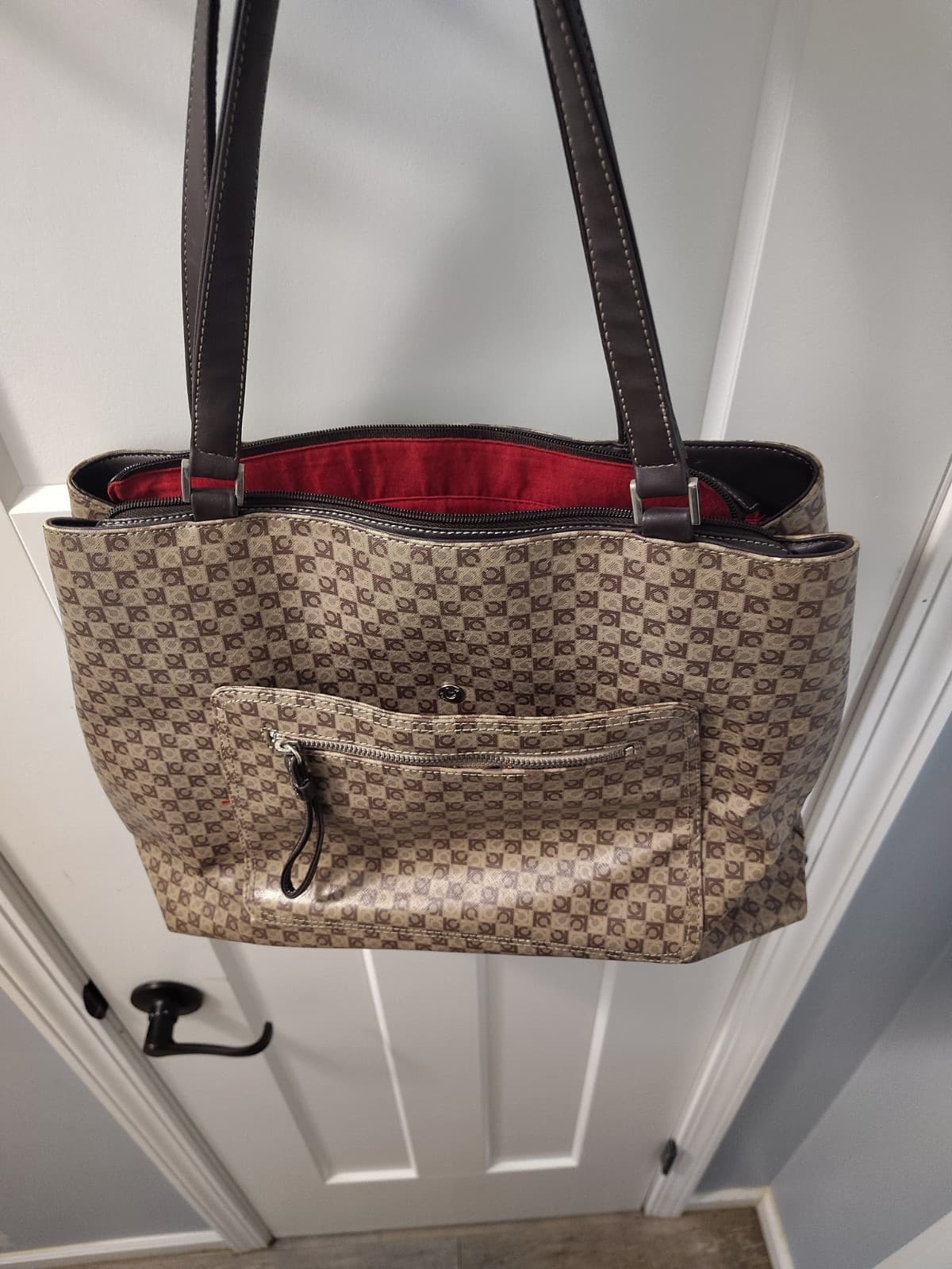 Liz Claiborne Purse Brown Geometric LC Logo Pattern Tote Shoulder Bag, Red Inner - Thumbnail 5