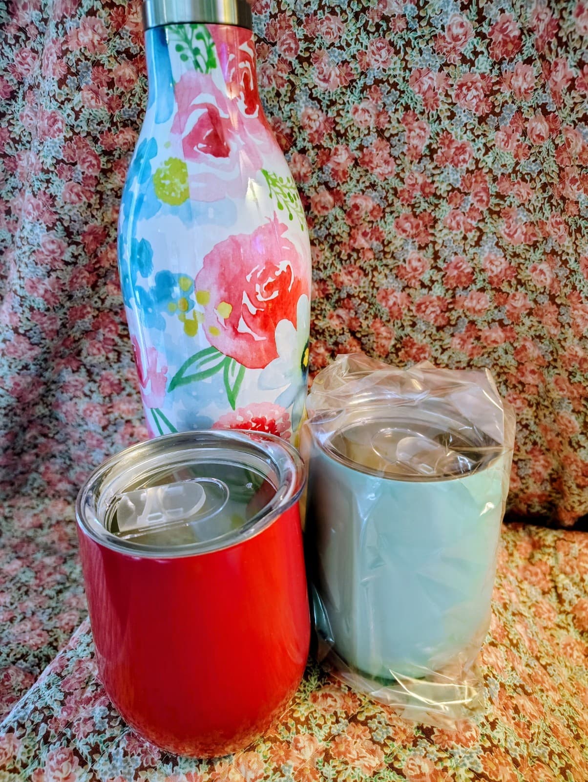 NIB Cambridge stainless steel floral wine growler and tumbler 3-piece set - Thumbnail 5
