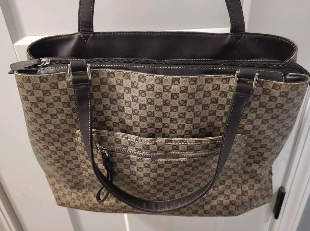 Liz Claiborne Purse Brown Geometric LC Logo Pattern Tote Shoulder Bag, Red Inner - Thumbnail 10
