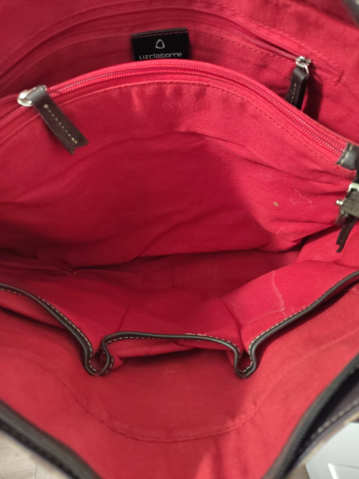 Liz Claiborne Purse Brown Geometric LC Logo Pattern Tote Shoulder Bag, Red Inner - Thumbnail 9