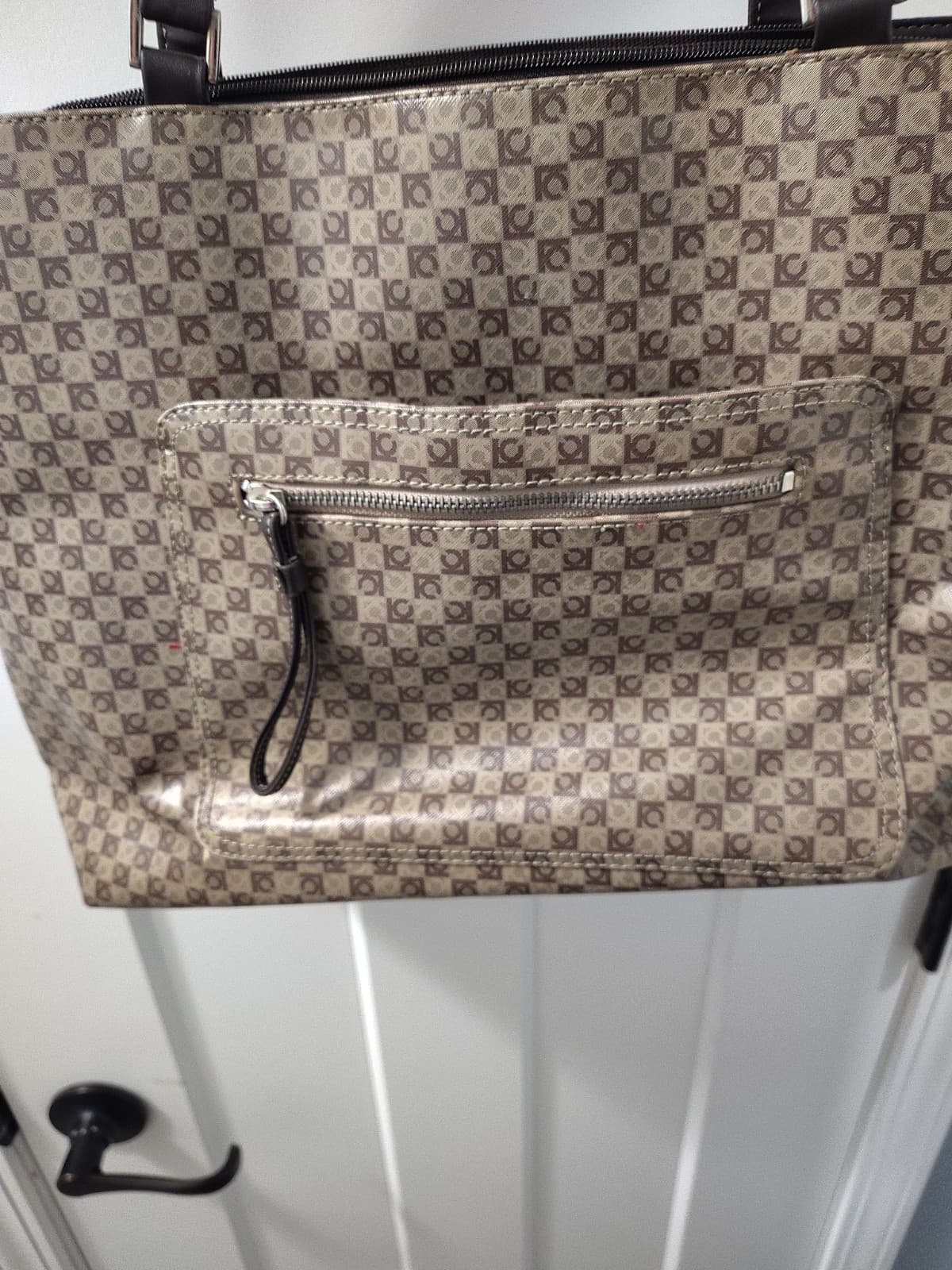 Liz Claiborne Purse Brown Geometric LC Logo Pattern Tote Shoulder Bag, Red Inner - Thumbnail 4