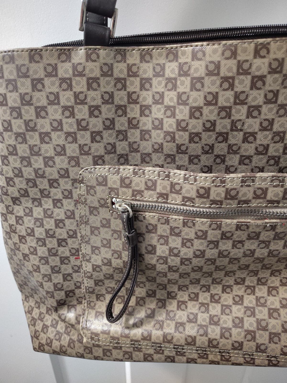 Liz Claiborne Purse Brown Geometric LC Logo Pattern Tote Shoulder Bag, Red Inner - Thumbnail 3