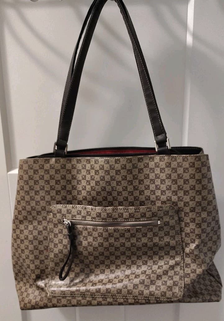 Liz Claiborne Purse Brown Geometric LC Logo Pattern Tote Shoulder Bag, Red Inner