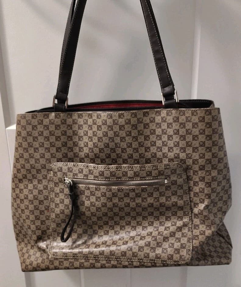 Liz Claiborne Purse Brown Geometric LC Logo Pattern Tote Shoulder Bag, Red Inner - Thumbnail 2