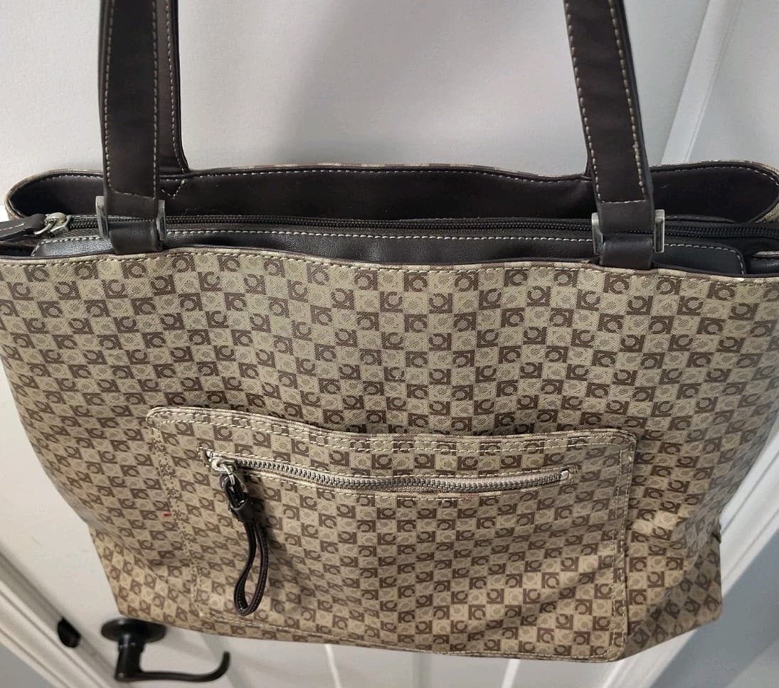 Liz Claiborne Purse Brown Geometric LC Logo Pattern Tote Shoulder Bag, Red Inner - Thumbnail 11