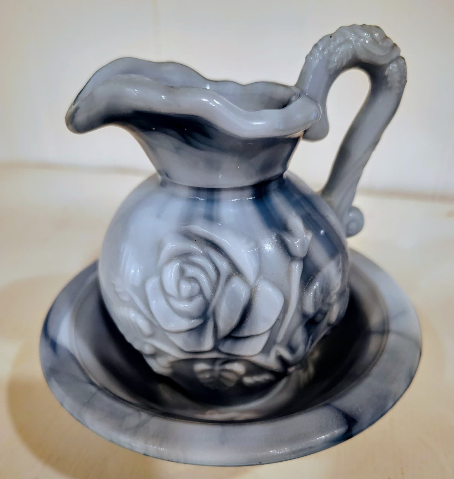 Vintage 1978 Avon Victoriana decanter BLUE SLAG MILK GLASS, pitcher & bowl