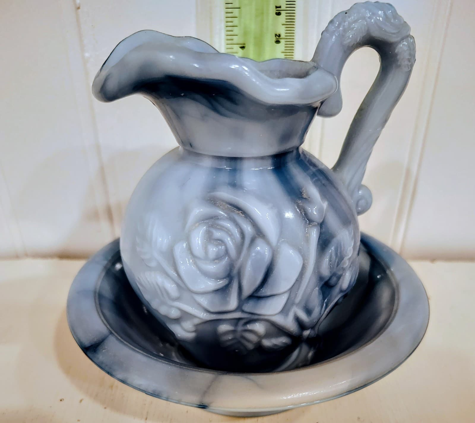 Vintage 1978 Avon Victoriana decanter BLUE SLAG MILK GLASS, pitcher & bowl - Thumbnail 12
