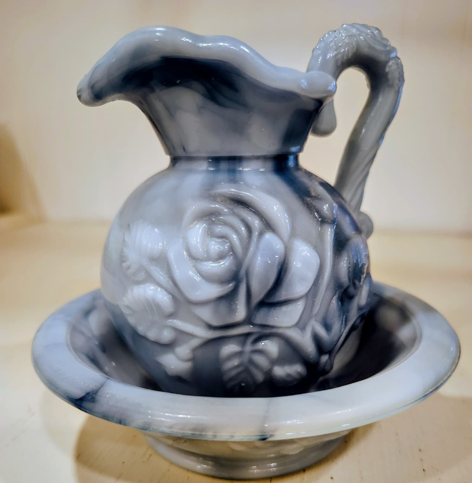 Vintage 1978 Avon Victoriana decanter BLUE SLAG MILK GLASS, pitcher & bowl - Thumbnail 10