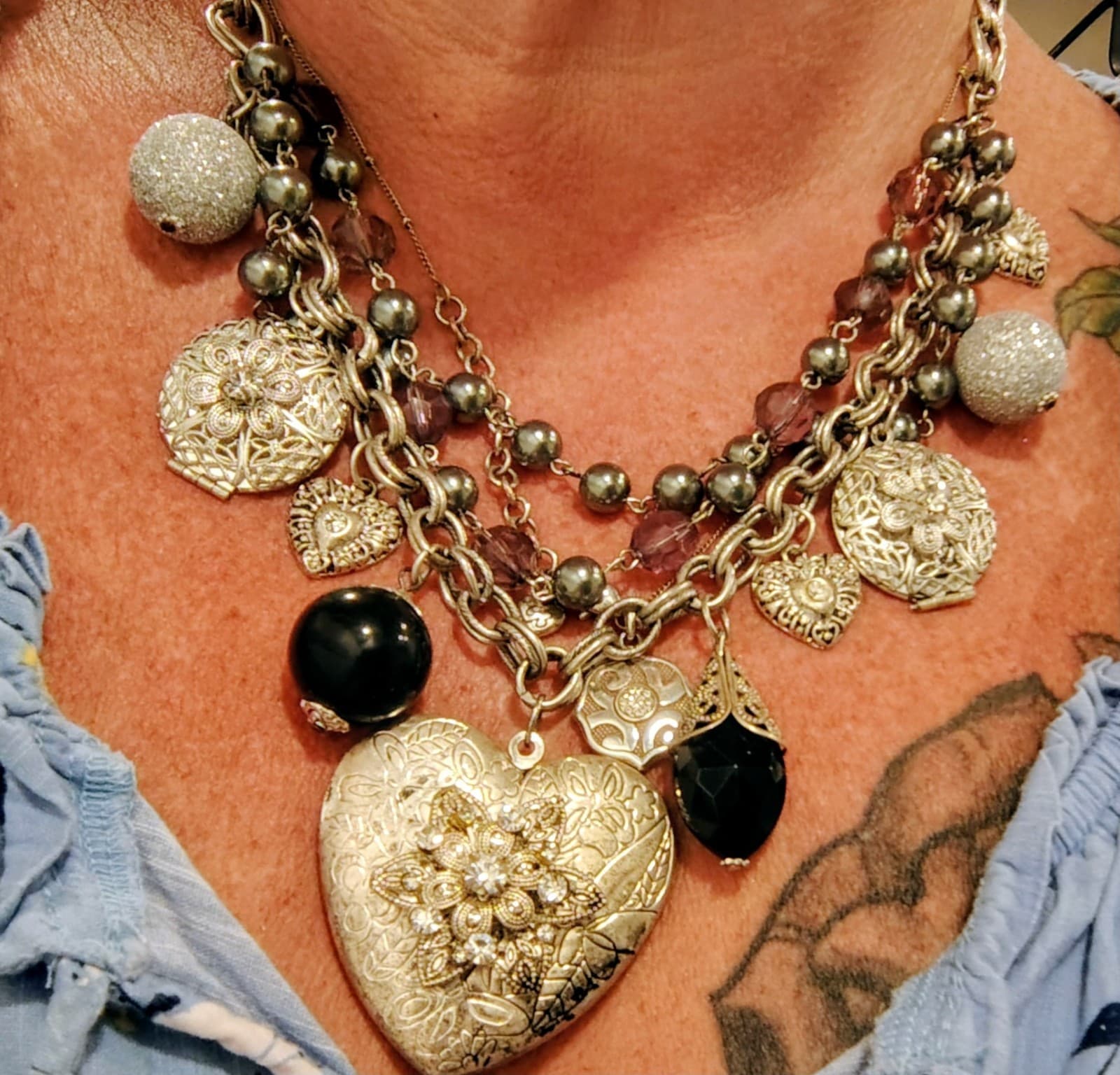 Boho Chic Vintage Style 3 Layer Silver Metal Bling Necklace Lockets - Thumbnail 11
