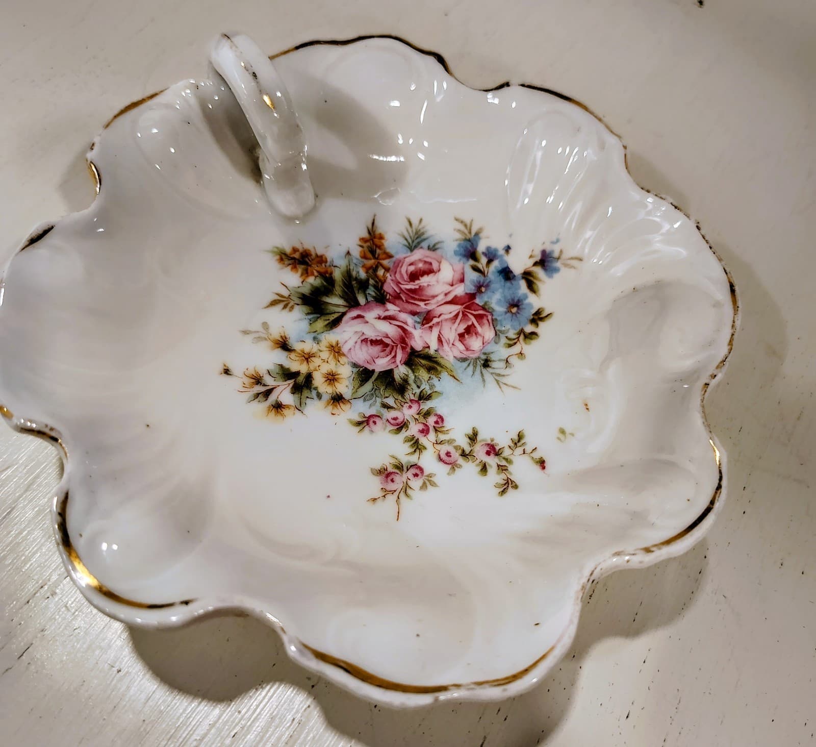 Vintage Hand-Painted Leaf with Floral Design Trinket Dish Trimmed in Gold