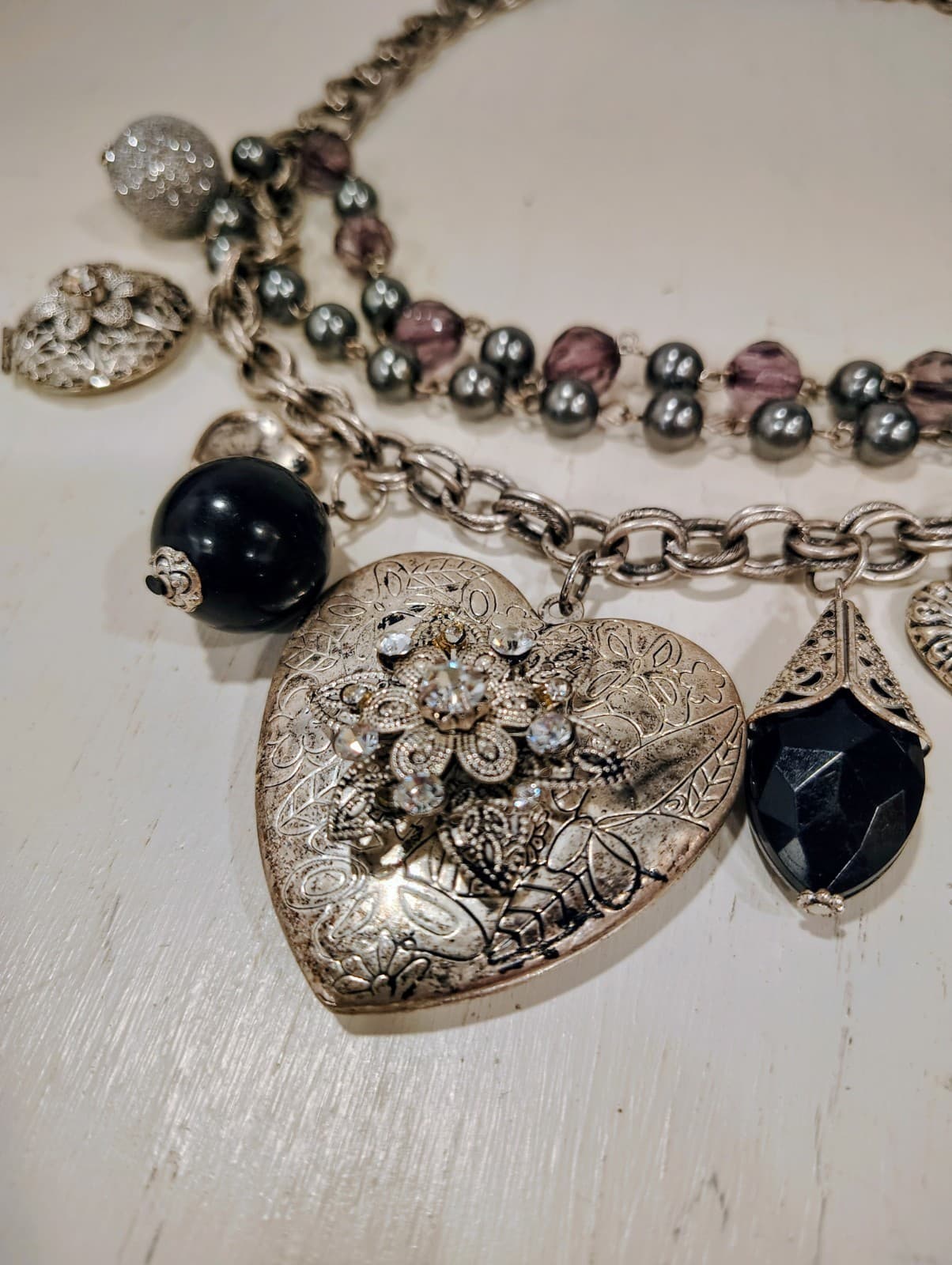 Boho Chic Vintage Style 3 Layer Silver Metal Bling Necklace Lockets - Thumbnail 2