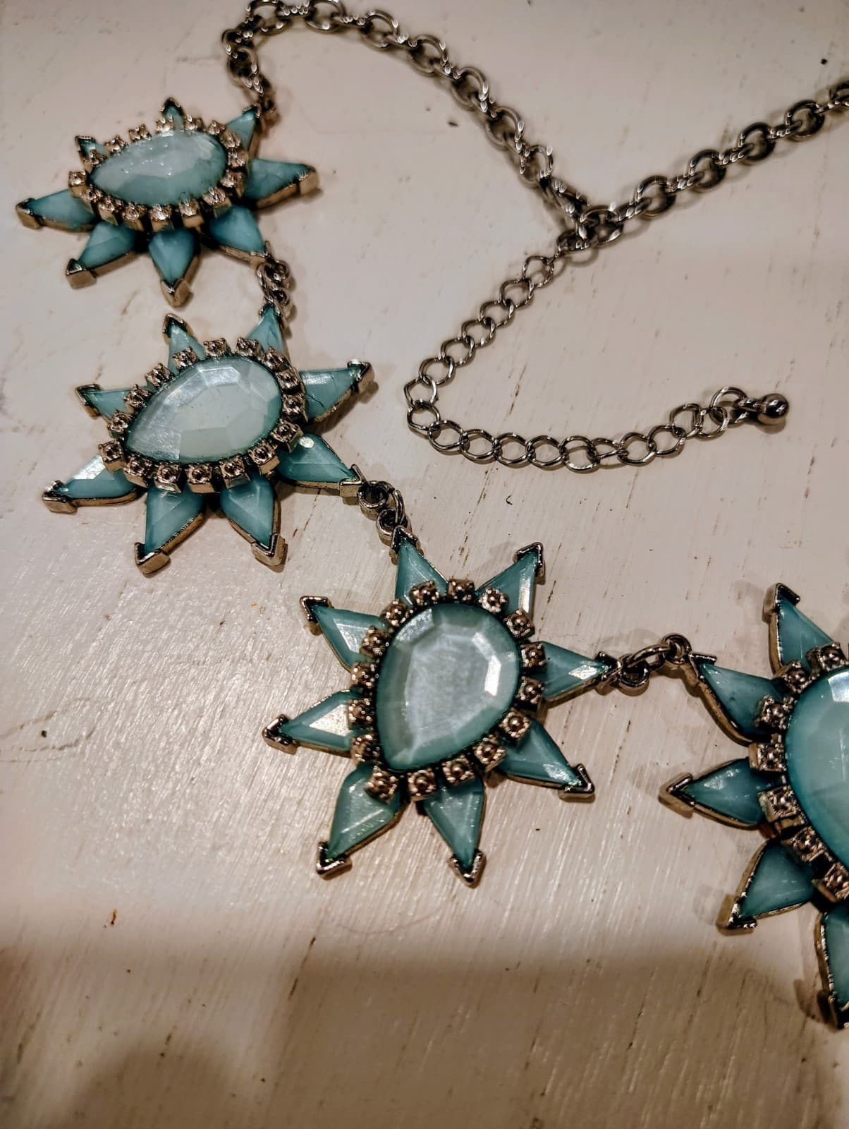 Aqua Blue Jeweled Gypsy Starburst Silver Necklace, Boho, Statement, EUC - Thumbnail 6