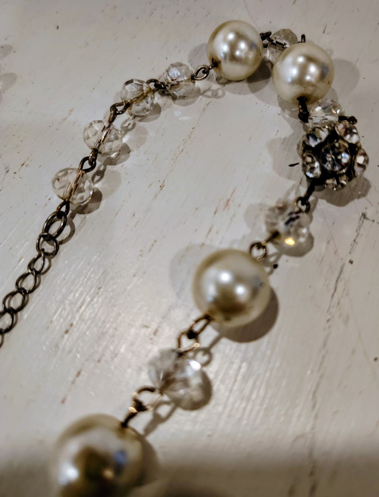 Faux Pearl Chain Necklace, Silver Tone, Rhinestones EUC - Thumbnail 7