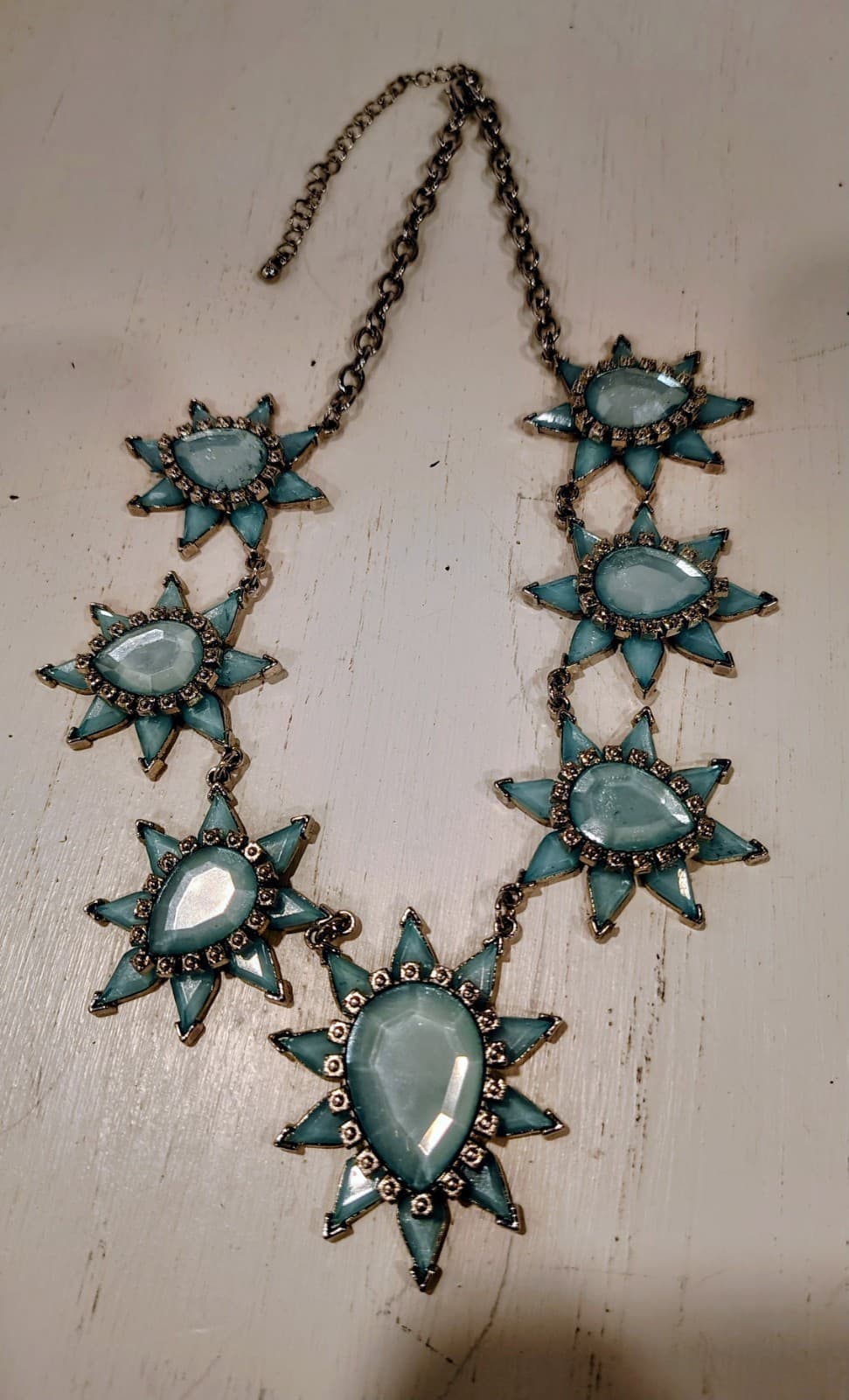 Aqua Blue Jeweled Gypsy Starburst Silver Necklace, Boho, Statement, EUC - Thumbnail 10