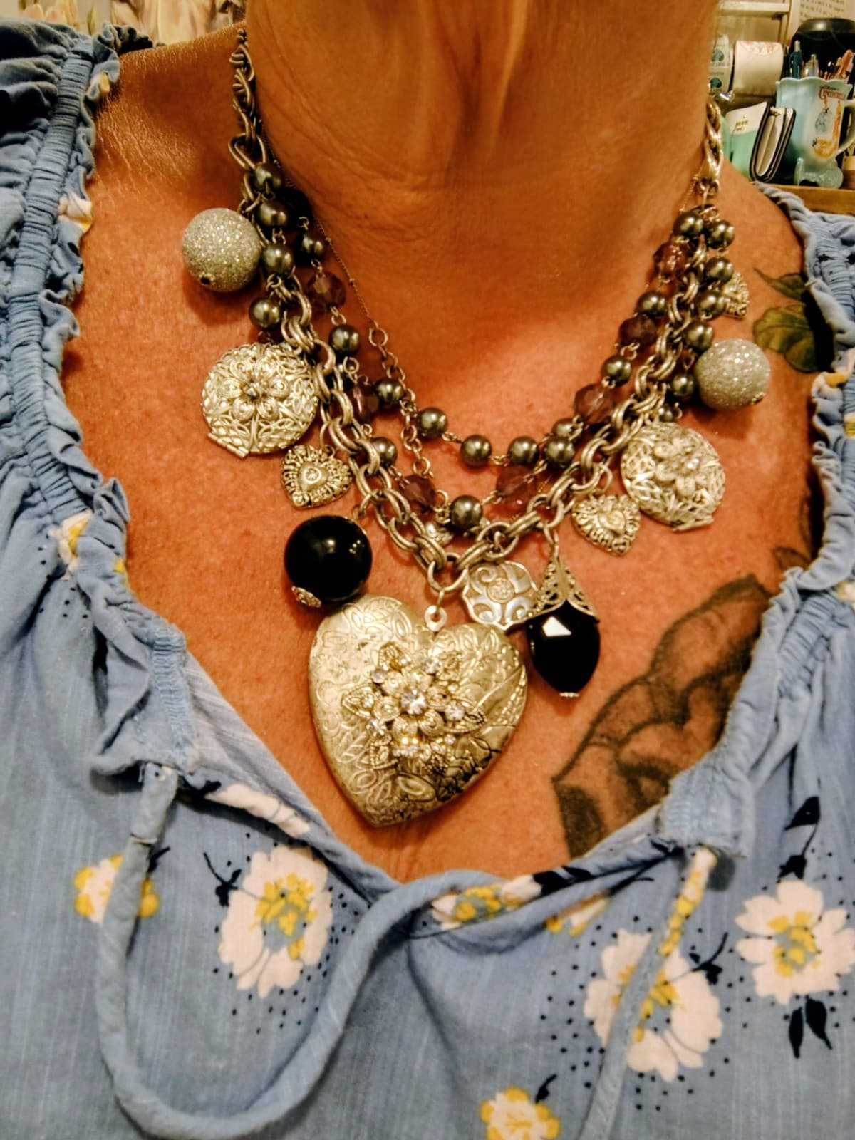 Boho Chic Vintage Style 3 Layer Silver Metal Bling Necklace Lockets - Thumbnail 12