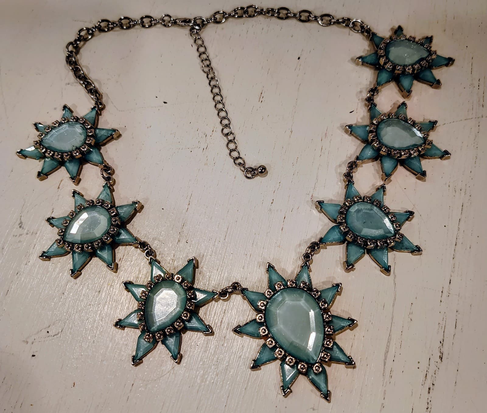 Aqua Blue Jeweled Gypsy Starburst Silver Necklace, Boho, Statement, EUC