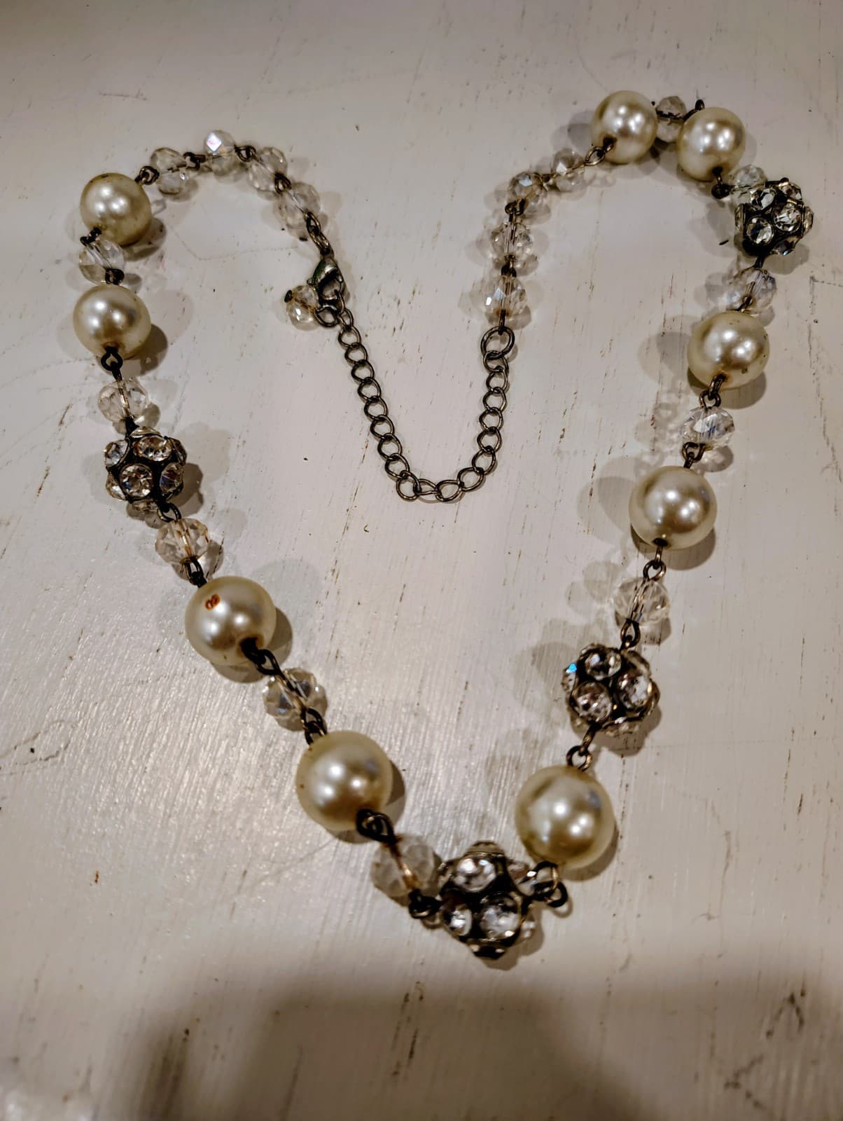 Faux Pearl Chain Necklace, Silver Tone, Rhinestones EUC - Thumbnail 2