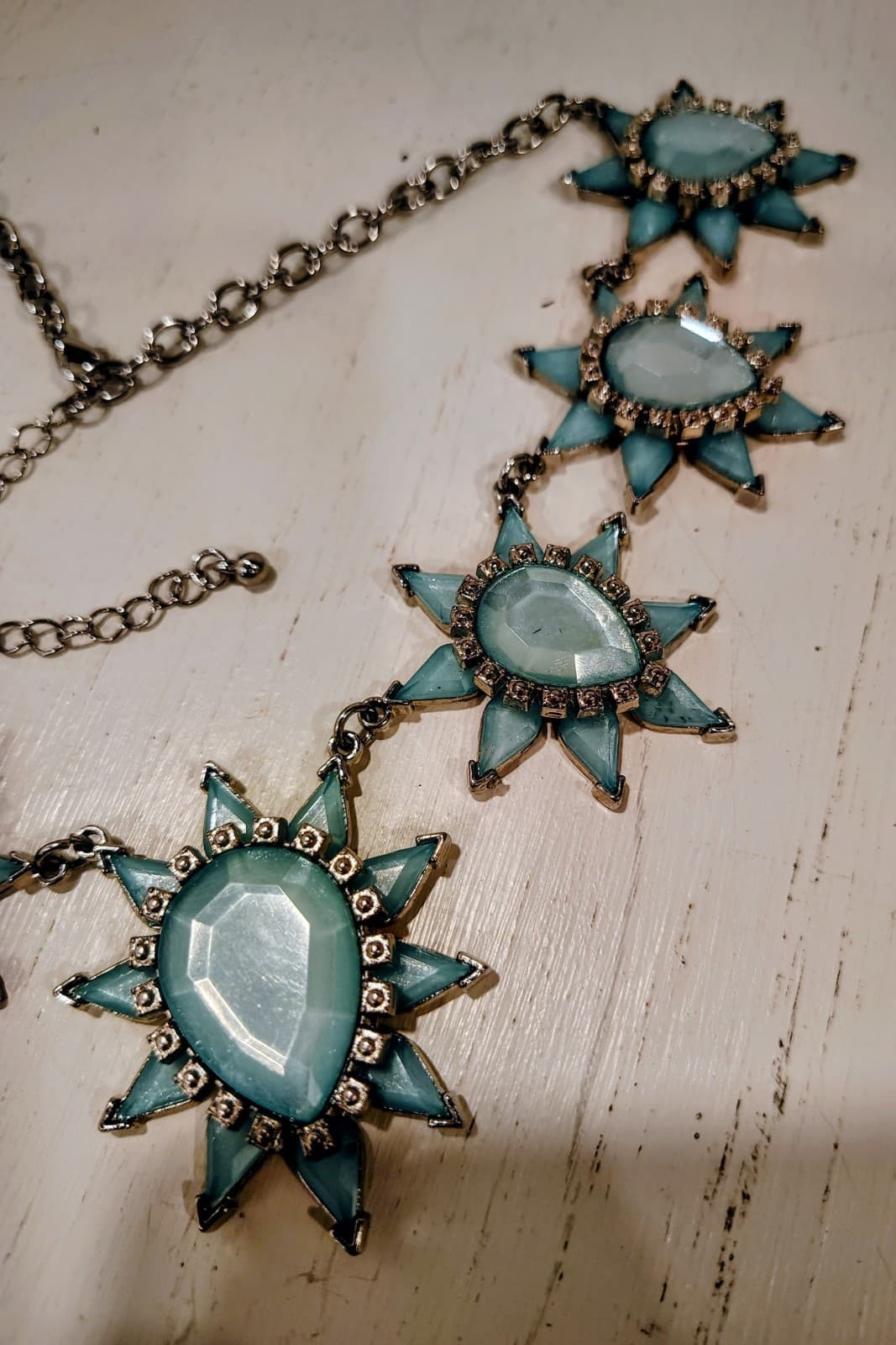 Aqua Blue Jeweled Gypsy Starburst Silver Necklace, Boho, Statement, EUC - Thumbnail 7